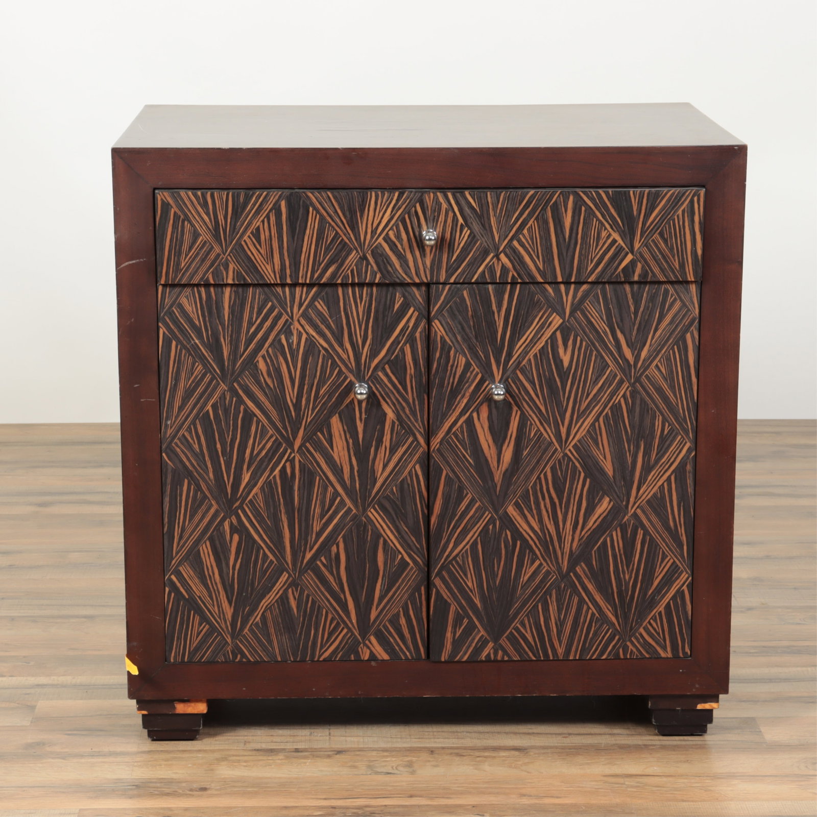 Modern Zebra Wood & Cherry Chest of Drawers: Modern Zebra Wood & Cherry Chest of Drawers, circa 1980 32.25 H x 32 W x 20 D