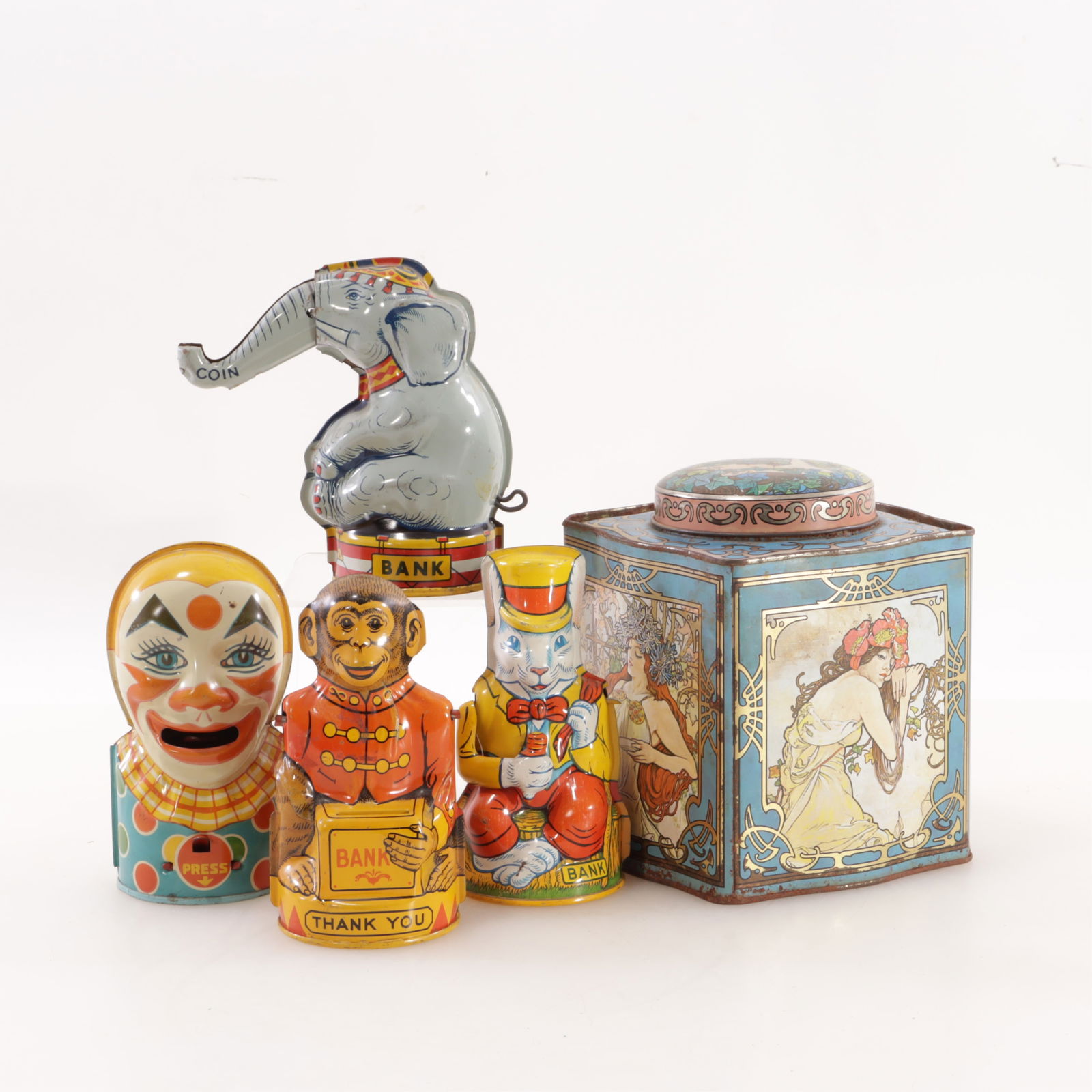 J. Chein & Co. Tin Coin Banks & Mucha lidded Box (1 of 9)