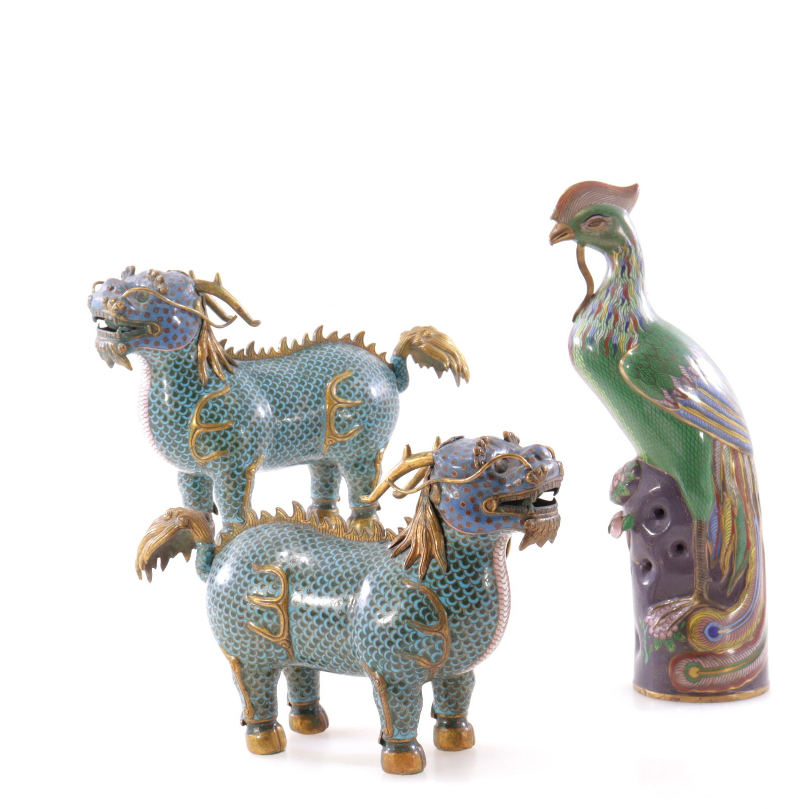 Pair Chinese Cloisonne Fu Dogs & Phoenix (1 of 6)