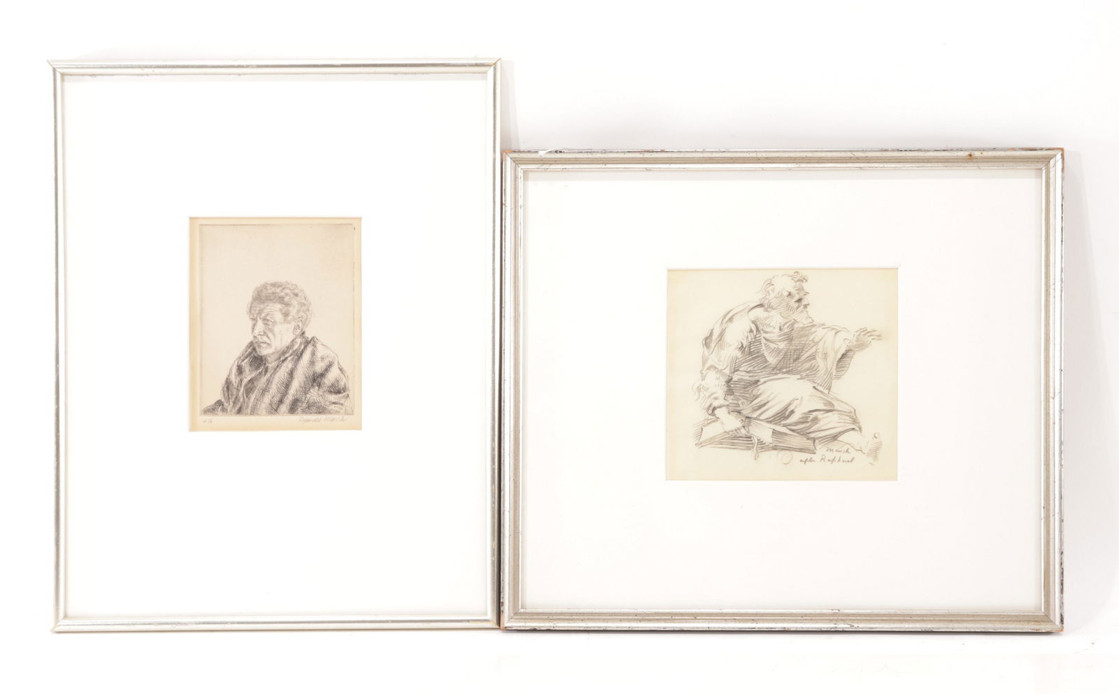 Reginold Marsh - Sketch aftr. Raphael & Etching: Reginald Marsh, Am., 1898-1954, 2 works, study sketch after. Raphael pencil inscribed, and etching 1930, plated signedaftr. Raphael:5 1/2 x 5 3/4, framed 12 x 14 1/2; etching 5 x 4, framed 14 1/2 x 11