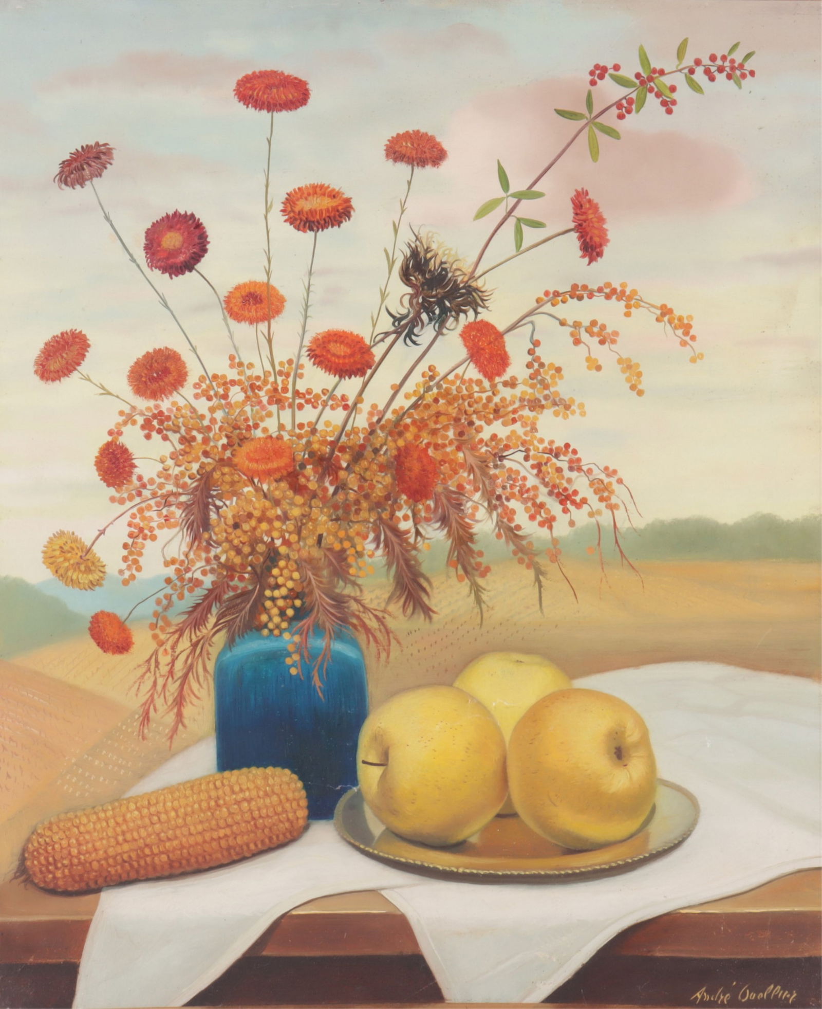 Andre Quellier - Autumnal Still Life: Andre Quellier (French, 1925 - 2010) Autumnal Still Life with corn and apples in field landscape, oil on masonite, signed lower right.18 x 12.5" unframed