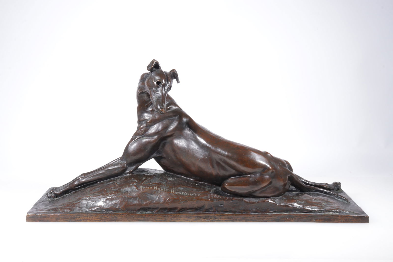 Anna Hyatt Huntington - Bronze Greyhound, 1935: Anna Hyatt Huntington (American, 1876 - 1973). Recumbent greyhound bronze sculpture. Signed Anna Hyatt Huntington, 1935. Numbered VIII. As seen on the Antiques Roadshow, episodes #1318, #2128, #2722,