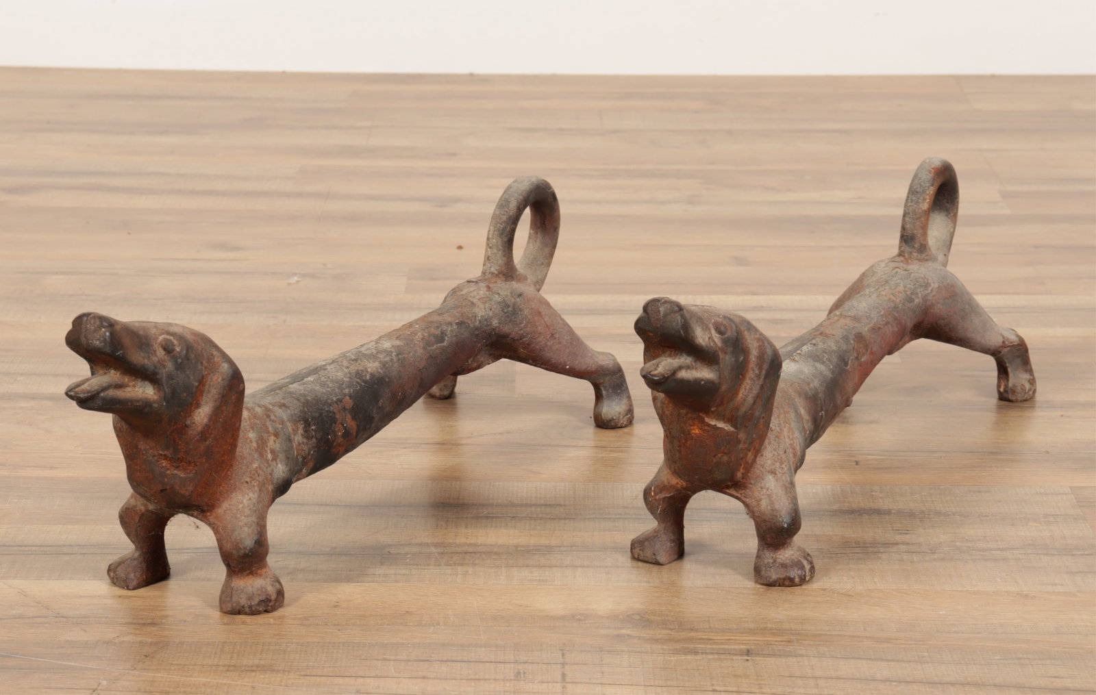 Pair Cast Iron Dachshund Firedog Andirons: Pair of cast iron Dachshund firedog andirons 11" L Property from a Northwest Connecticut Estate