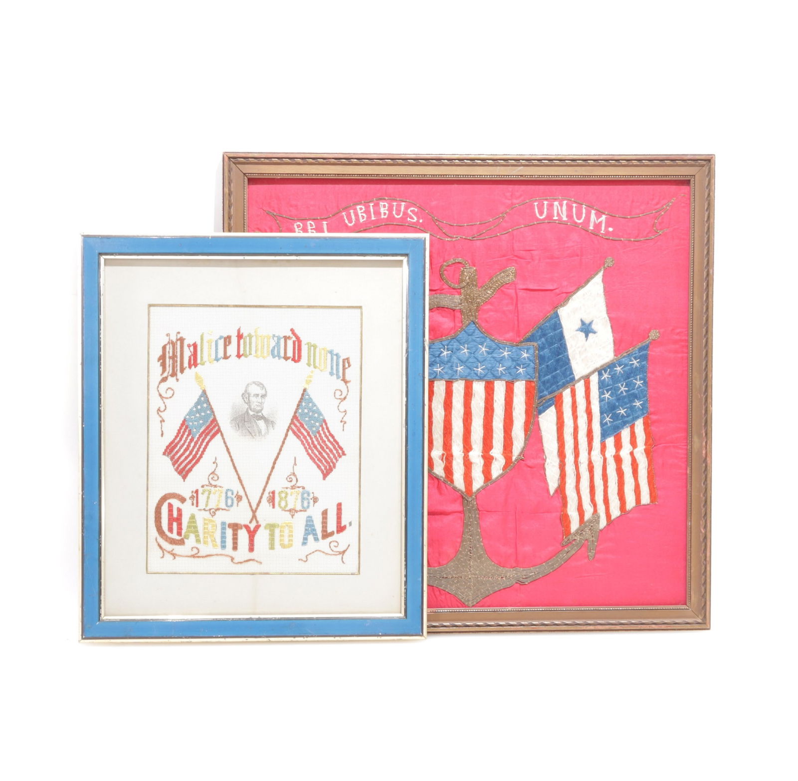 Folk Art - UBIBUS UNUM - Malice towards none: 2 Folk Art Needlepoints / Fine Fabric twine stitched on silk " B BI Ubibus Unum " (Two Places One) souvenir of military service in the Canal Zone acquired by US servicemen along with "Malice toward no