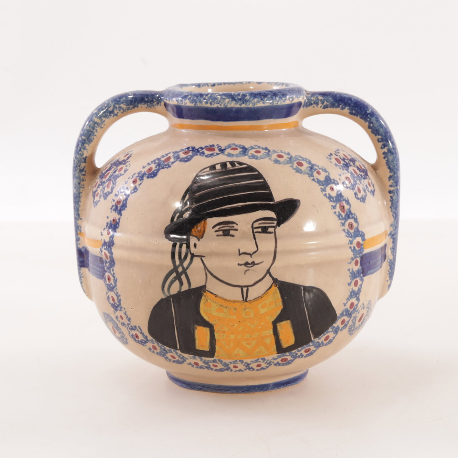 Henriot Quimper Vase: Henriot Quimper bulbous two-handle vase with portrait of a man on one side and foliate design on the other. Signed on bottom, numbered 114. 4.5" H x 5" diam