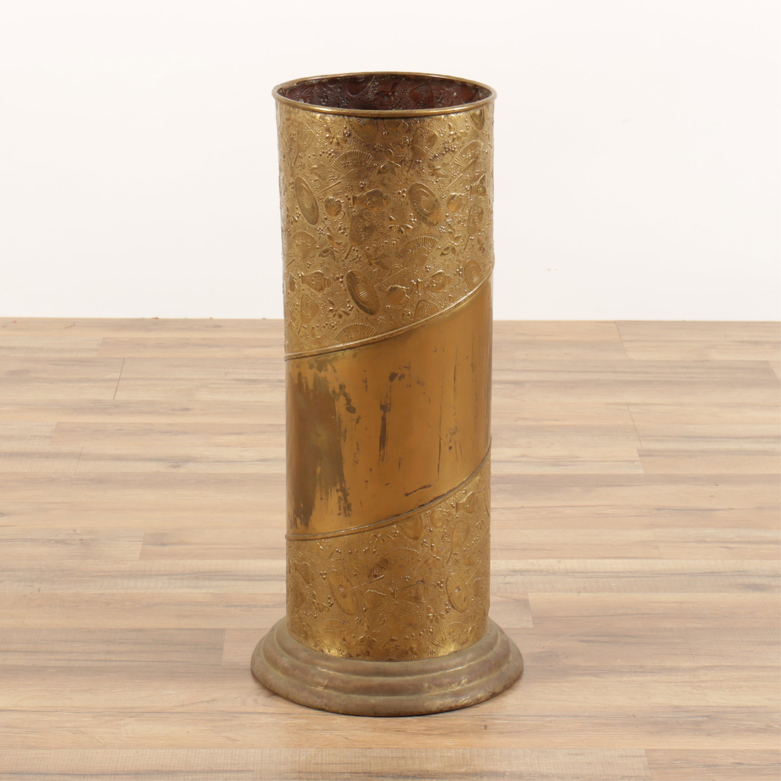 Aesthetic Movement Repousse Brass Umbrella Stand: Aesthetic Movement Repousse Brass Umbrella Stand, 19th C. 22.75" H Property from a Northwest Connecticut Estate