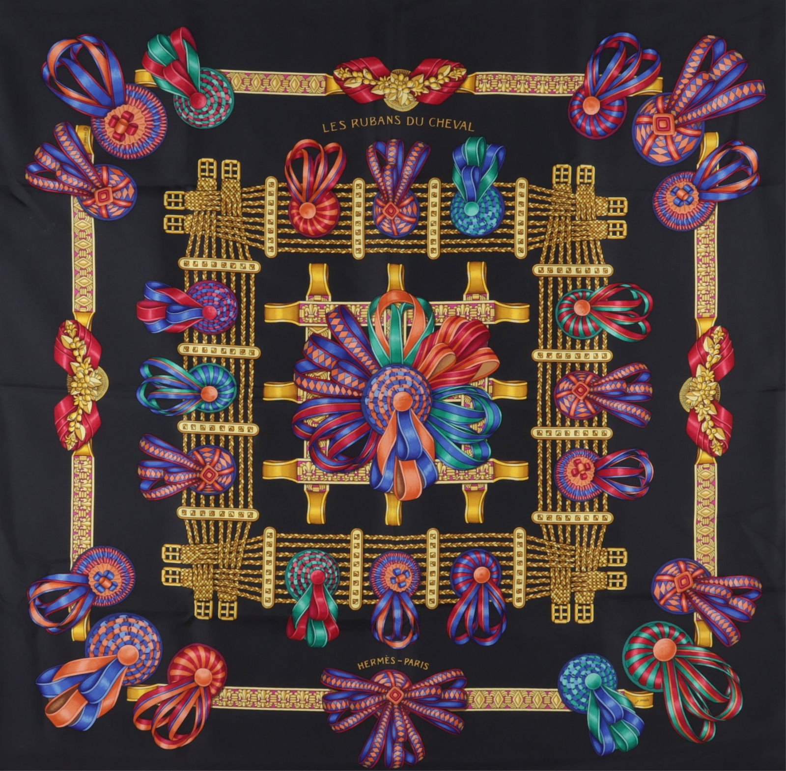 Hermes Les Rubans du Cheval Silk Scarf: Hermes Les Rubans du Cheval Silk Scarf, designed by Joachim Metz, c 1990s. 90 cm square.Property from a Northwest Connecticut collection.