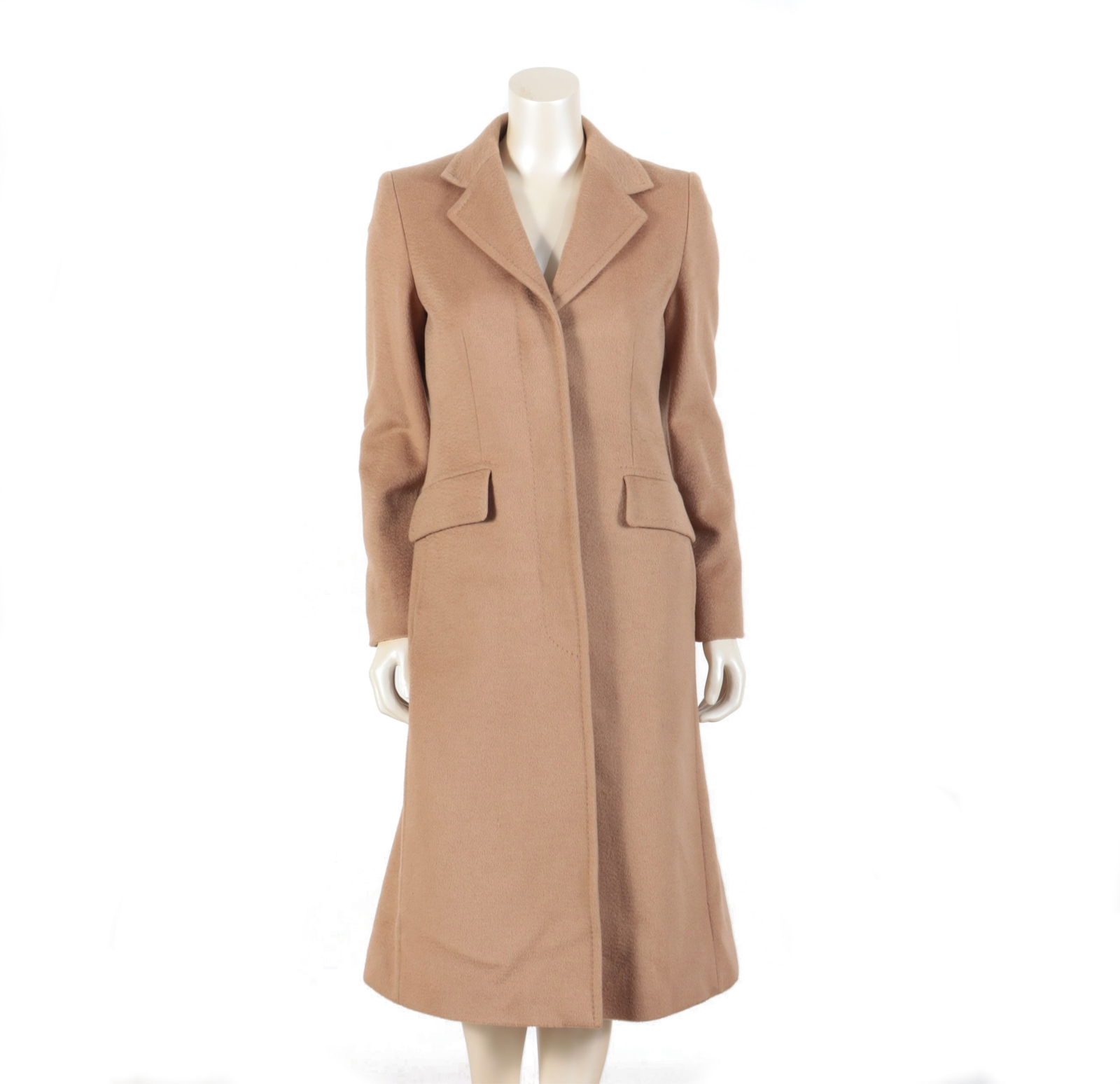 Max Mara Camel Hair Coat: Max Mara, ladies' tan camel hair long coat, lapel collar with side slip pockets and faux flap-covered welted pockets. Brown logo viscose lining. Size US 8. Shoulders: 15.5"Chest: 32"Hips: 40"Sleeve (a