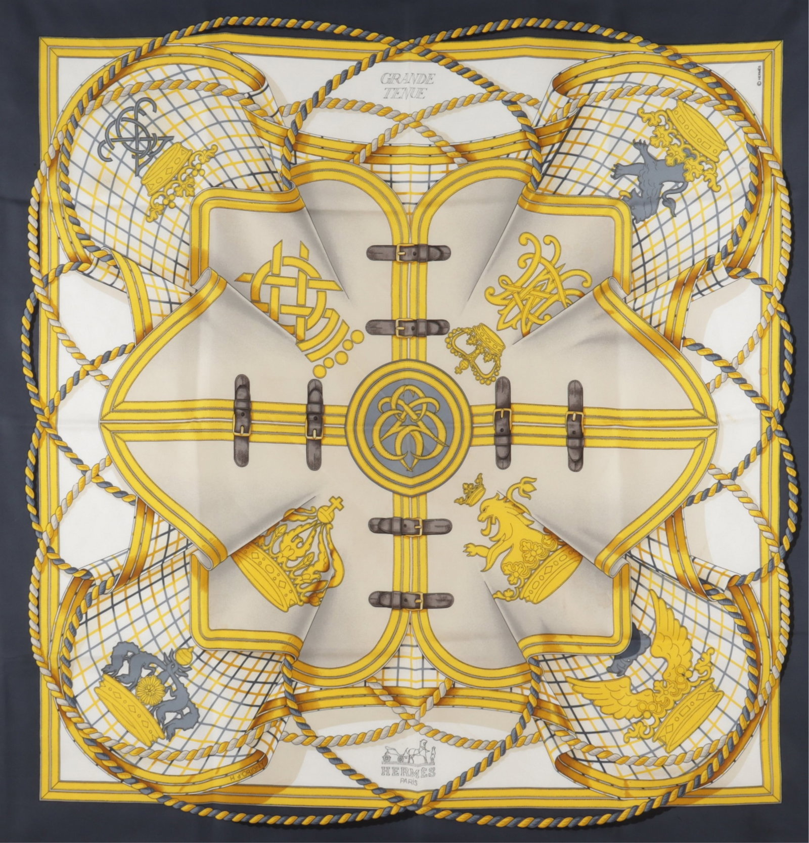Hermes Grande Tenue Silk Scarf: Hermes Grande Tenue Silk Scarf, designed by Henri d'Origny in 1985. White ground with yellow coloring and navy blue border. 90 cm square. Property from a Northwest Connecticut collection.