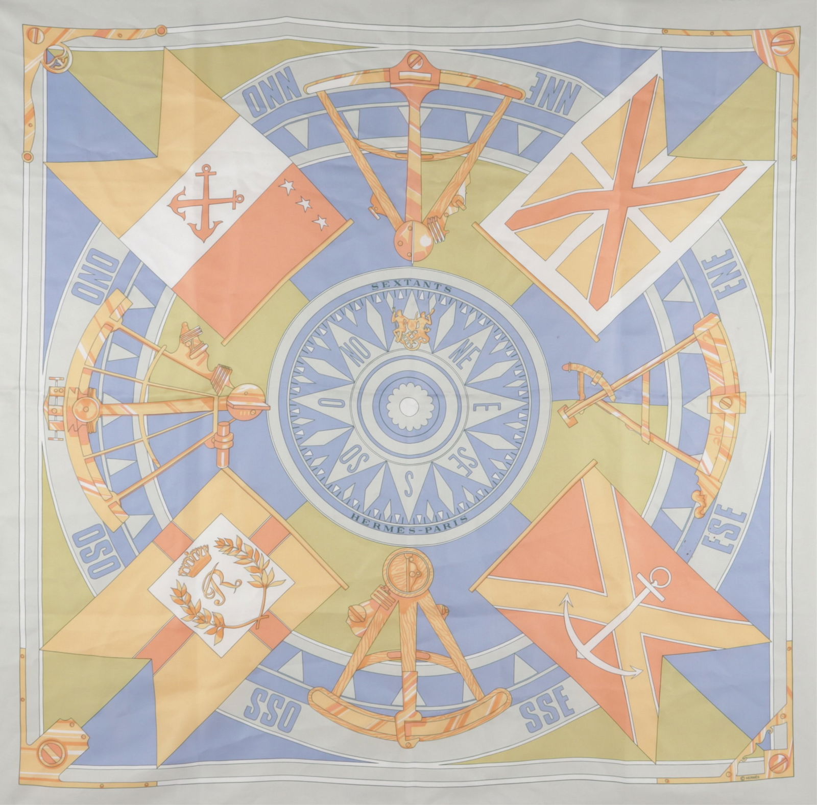 Hermes Sextants Silk Scarf: Hermes Sextants Silk Scarf, designed by Loic Dubigeon in 1981. Pastel green, blue, and orange colorway. 90 cm square.Property from a Northwest Connecticut collection.