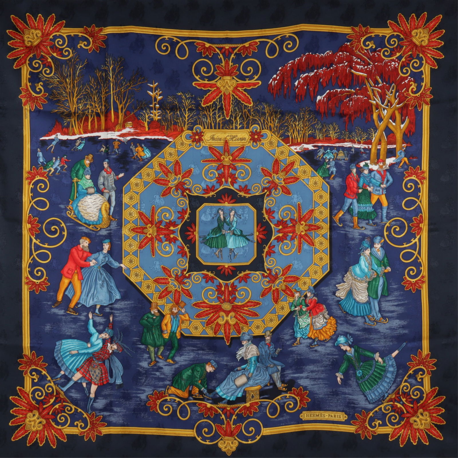 Hermes Joies D'Hiver Silk Scarf: Hermes Joies D'Hiver Silk Scarf, designed by Joachim Metz in 1992. 90 cm square.Property from a Northwest Connecticut collection.