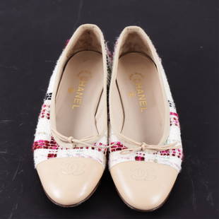 Chanel Tweed Ballet Flats: Chanel Tweed and Leather Cap Toe Ballet Flats, size 38.Property from a Lady, Litchfield, CT.