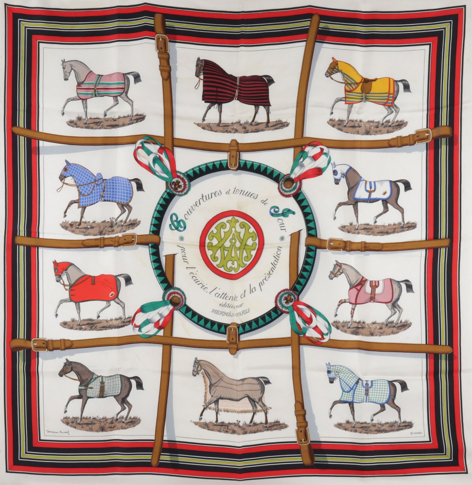 Hermes Couvertures et Tenues de Jour Silk Scarf: Hermes Couvertures et Tenues de Jour Silk Scarf, designed by Jacques Eudel in 1974. White ground with black and red border. 90 cm square.Property from a Northwest Connecticut collection.