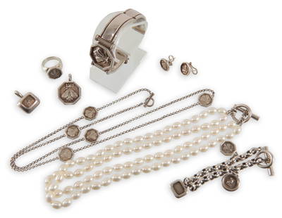 Group of Slane & Slane Sterling Jewelry: Cultured double-strand pearl necklace with toggle closure, 15". Charm bracelet with toggle closure. Two pendants. Bangle bracelet. Ring with diamond accents. Pair of post earrings. Chain necklace, 31"