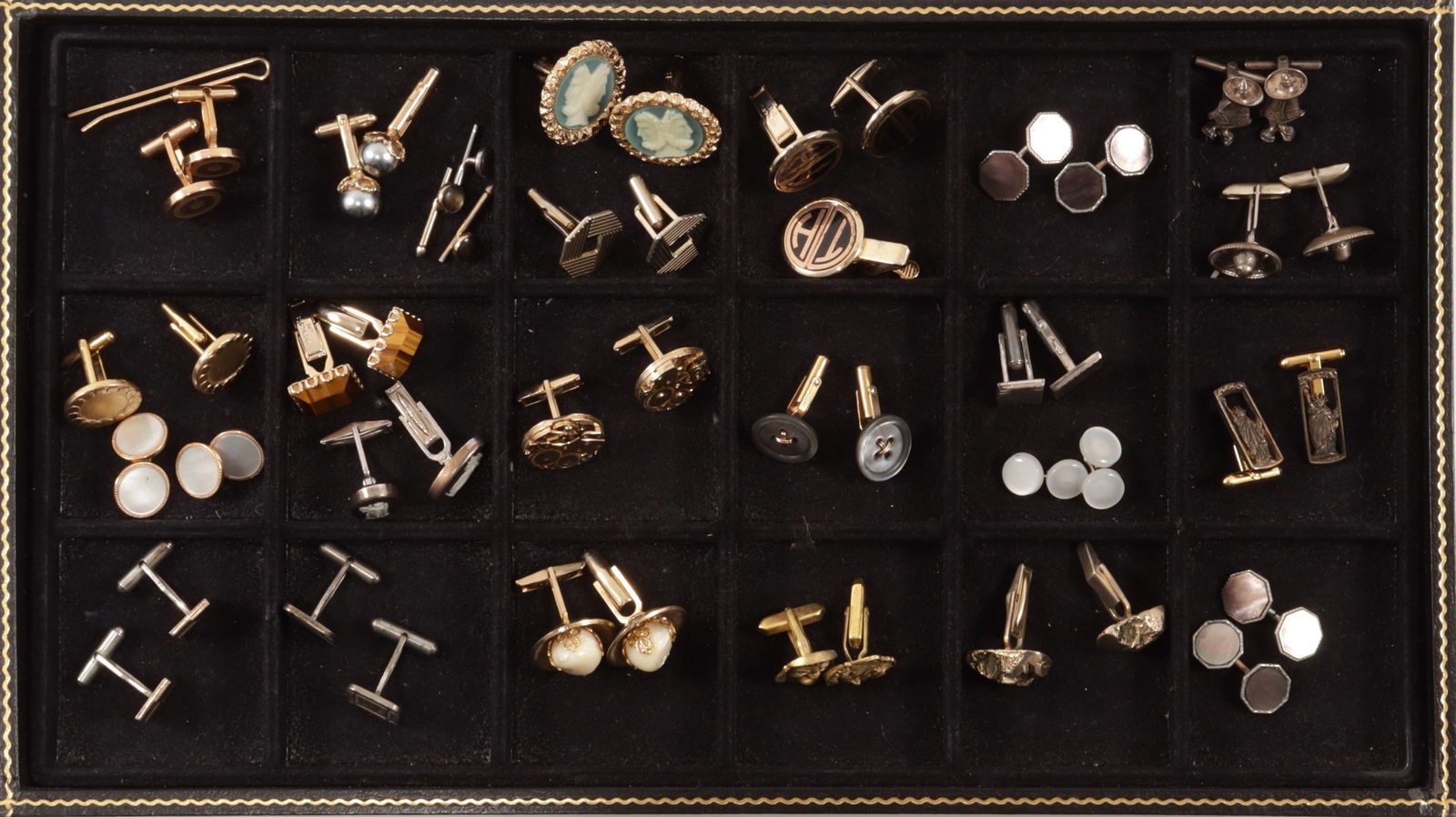Group of Cufflinks: Group of Cufflinks. Including: Christian Dior button form, 800 silver Socrates face, Wedgwood jasperware, Swank watch works, faux Thatian pearls, Murat sterling silver rectangular, Murat sunbursts, st