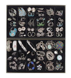 Group of Mexican Sterling Silver Jewelry: Group of Mexican Sterling Silver Jewelry. Many inlaid with stones and shells. Some pieces are not Mexican.Property from a Northwest Connecticut estate