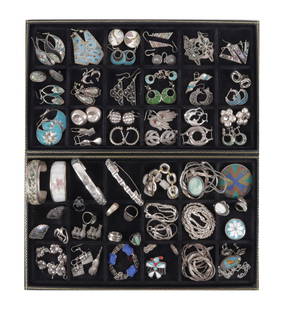 Group of Mexican Sterling Silver Jewelry: Group of Mexican Sterling Silver Jewelry. Many inlaid with stones and shells. Some pieces are not Mexican.Property from a Northwest Connecticut estate