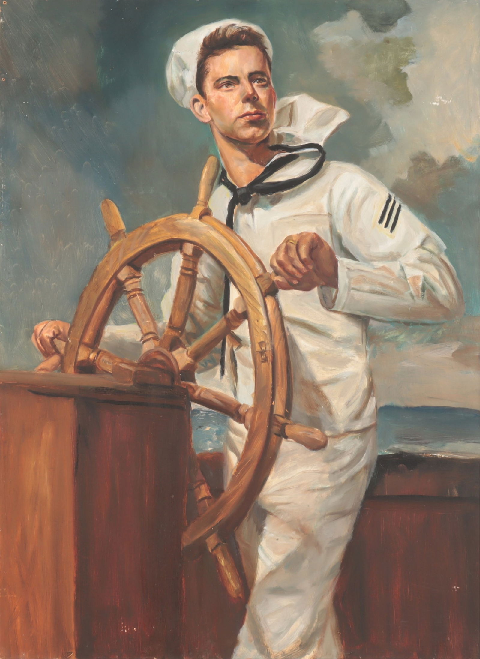 Naval Sailor at the Helm O/M: "Naval Sailor at the Helm", Oil on Masonite, unsigned Unframed 40" H x 30" W Property from the estate of Seymour Stein.