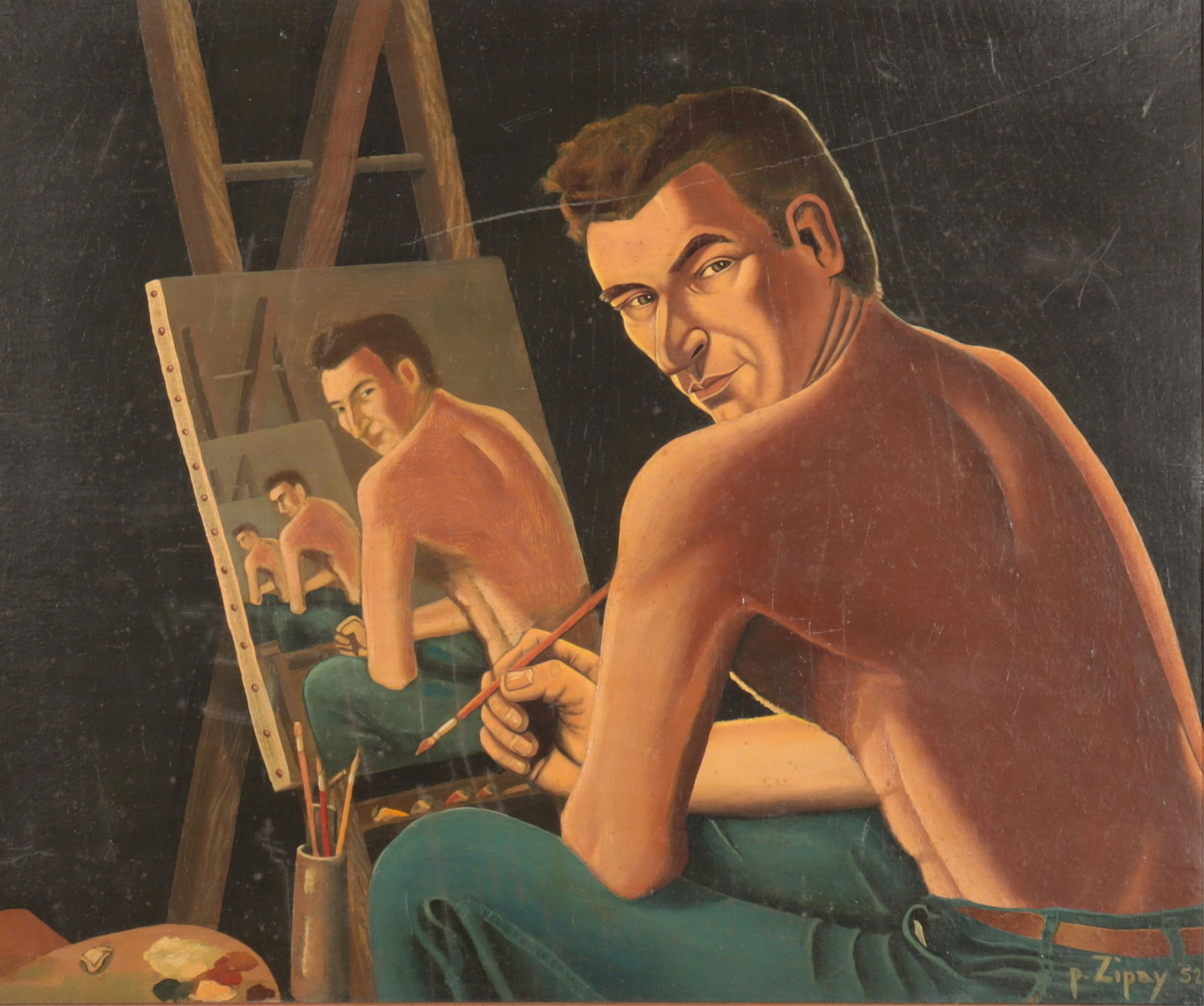 P. Zipany - The Artist Painting a Portrait: P. Zipany, "Portrait of the Artist Painting a Portrait", Oil on Artist Board, signed and dated LR '52 Sight 19.75" H x 23.5" W, Framed 23.75" H x 28.5" W Property from the estate of Seymour Stein.