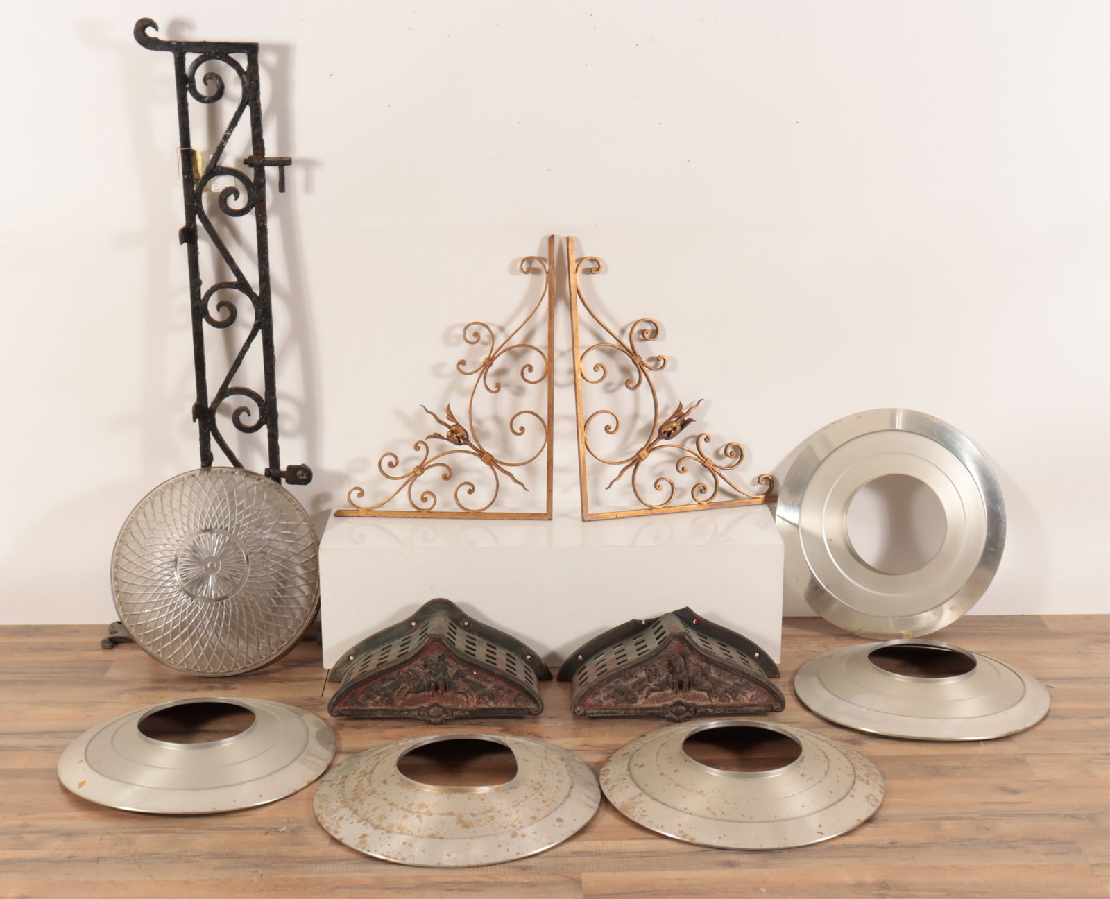 Metal & Glass Architectural Items: Group of 11 Metal & Glass Architectural Items, bracket and shades Property from the estate of Seymour Stein.