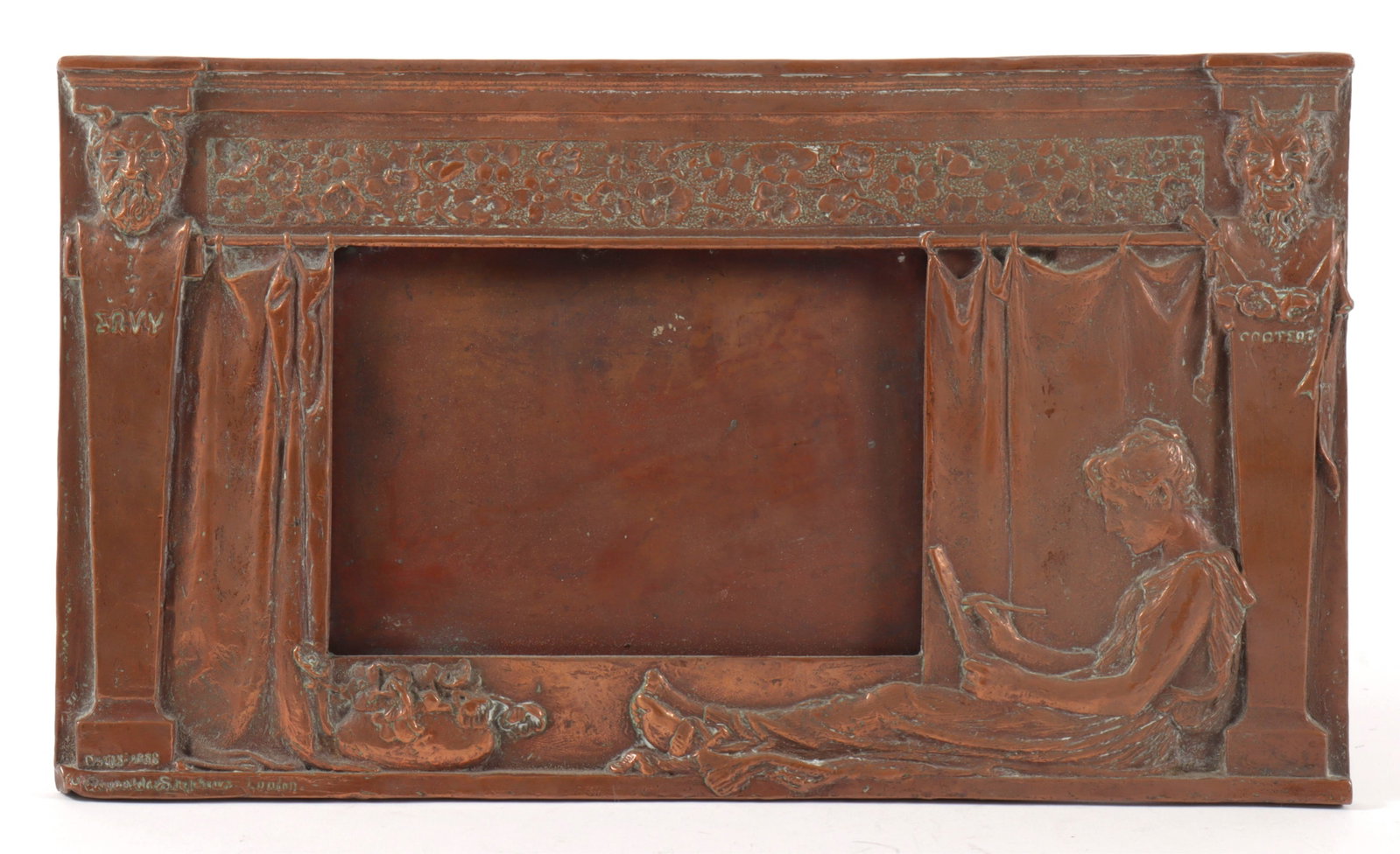 Belle Epoque Copper Picture Frame: Belle Epoque Copper Picture Frame, indistinctly signed, dated 1886, London 11.5" W Property from the estate of Seymour Stein.