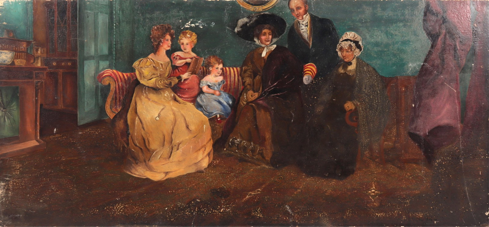 Family Portrait, O/P: "Family Portrait", Oil on Panel, possibly an advertisement sign 16.75" H x 36" W Property from the estate of Seymour Stein.