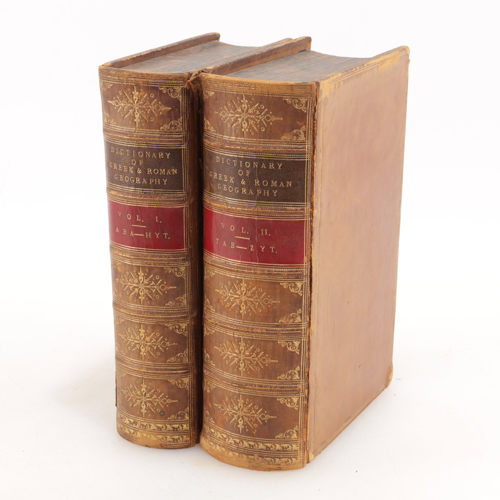 DICT. of GREEK & ROMAN GEOGRAPHY LEATHER BOUND: In 2 volumes, ed. by William Smith, London 1857. Marbled end pages and edges. 7" x 9.5"