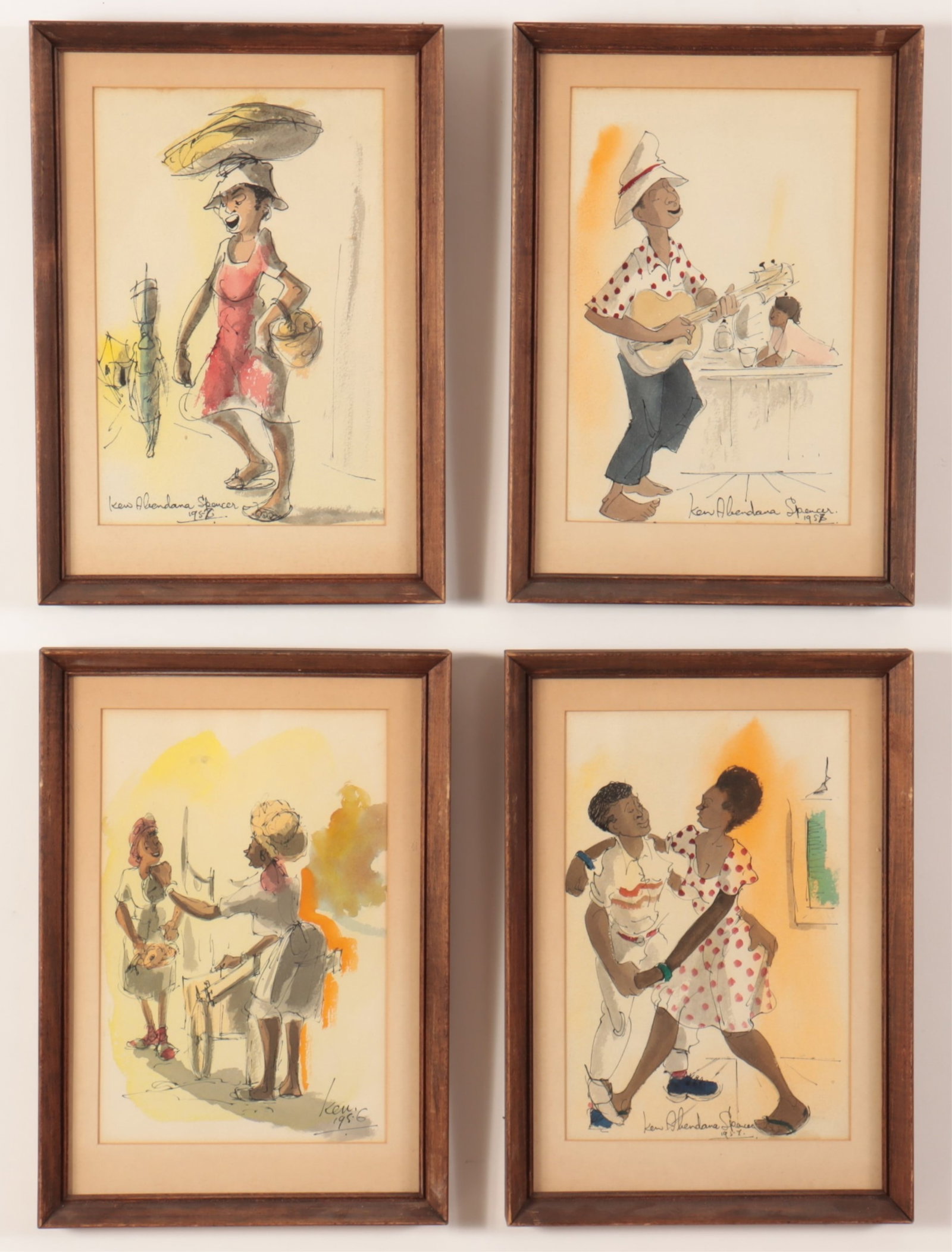 Ken Abendana Spencer Jamaican Life Illustrations: Ken Abendana Spencer (1929-2005). Watercolor and linework on paper. Illustrations with dates 1956,1957,1958. Signed and dated. Matted and wood frames. sight 11" x 7.25framed 14.5 x 10.5