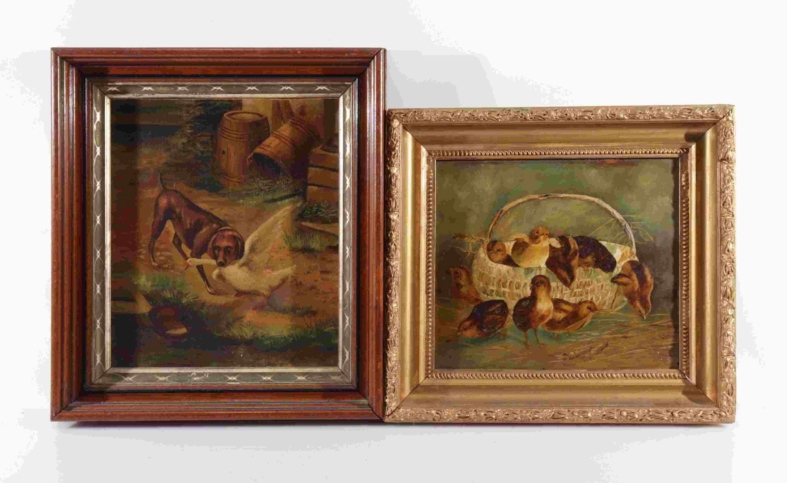 Two Paintings - Hatchlings & Hunting Dog: 2 Paintings, Hatchlings and Hunting Dog. O/ Paint Board. O/ Masonite. Larger Sight - 12.5" H x 10.5" W Frame - 16.75" H x 14.75" W