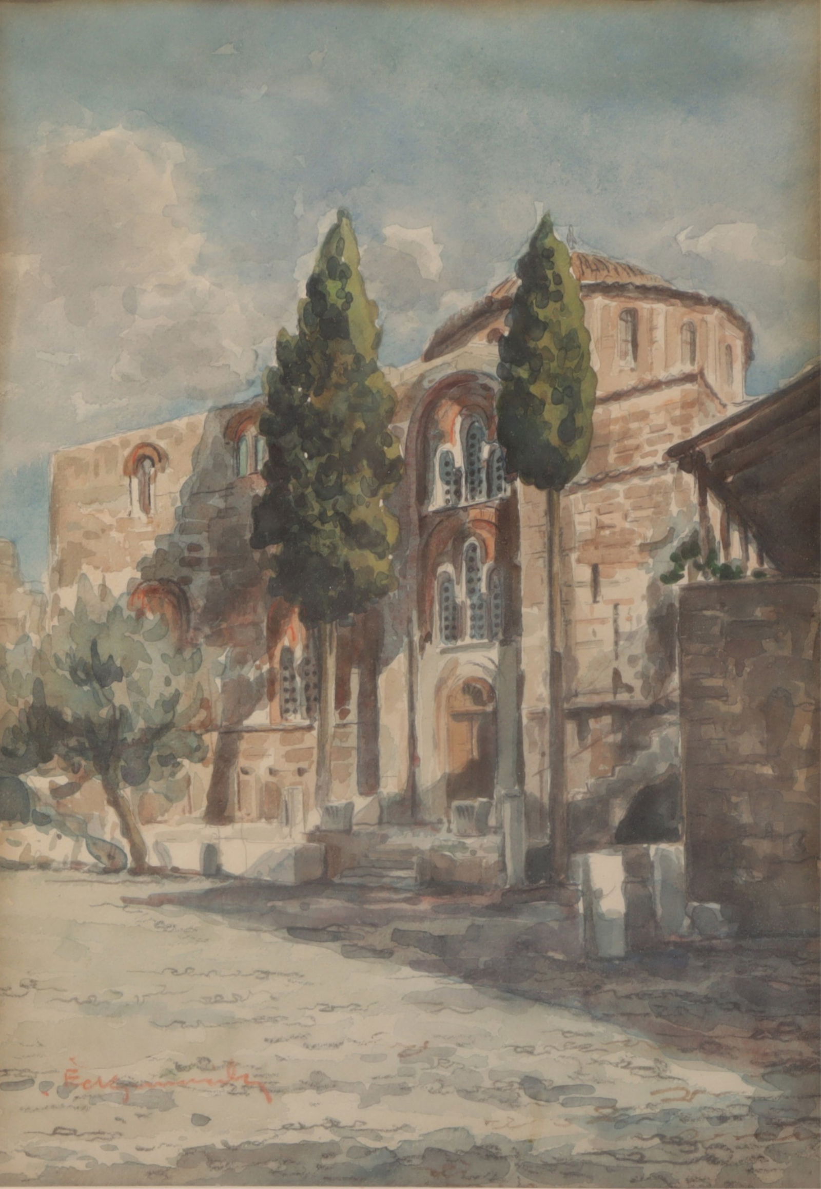 Continental School - Cloister: Continental School - Cloister. Indistinctly Signed Lower Left. Sight - 13.5" H x 9.5" WFrame - 22" H x 13.25" W