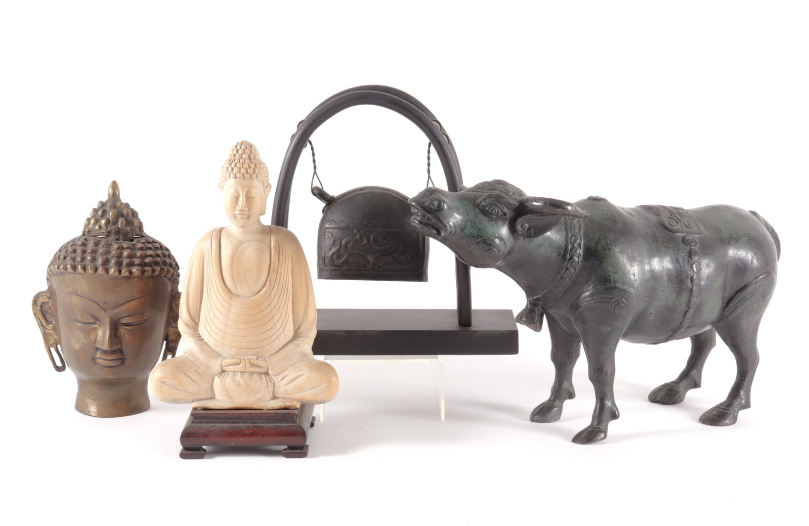 Chinese Style Items & Figures: Chinese Style Ox, Bell, Figures of Buddha & Bust Ox 14" L Property from a Northwest Connecticut Estate.
