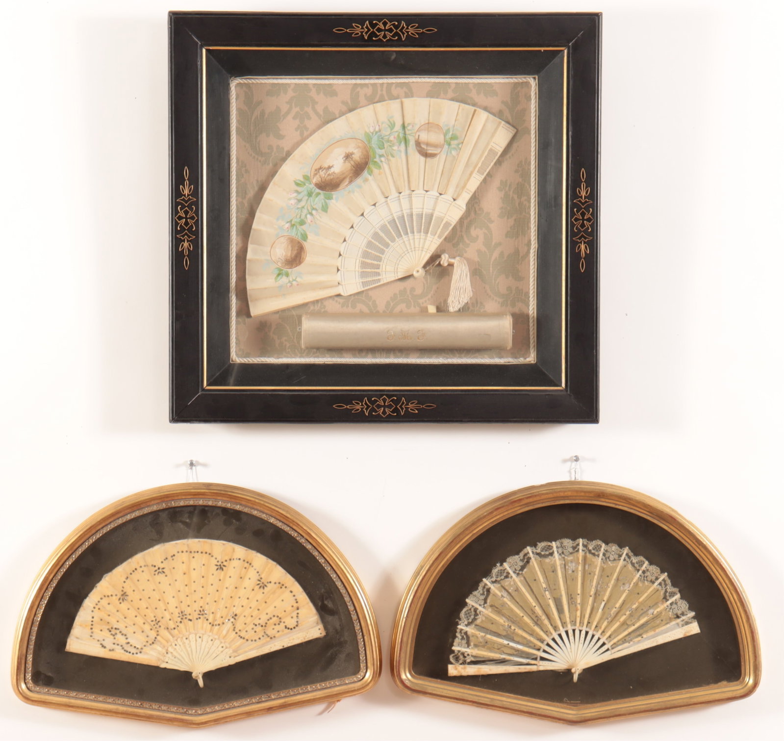 Vintage Framed Fans: 3 Vintage Framed Fans Largest Framed 25" H x 24.75" W Property from a Northwest Connecticut Estate.