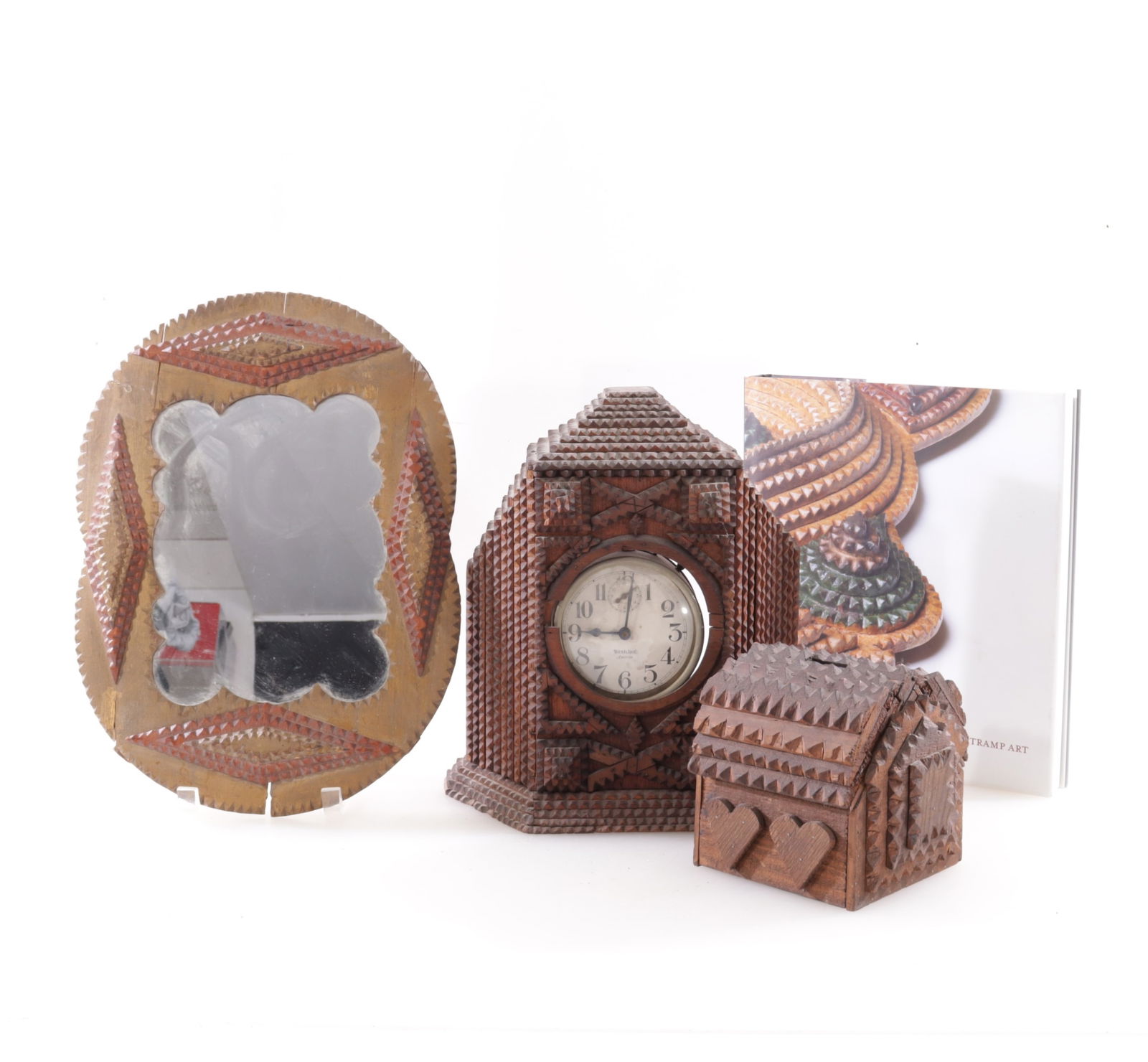 Tramp Art Clock, Bank, Mirror & Book (1 of 5)