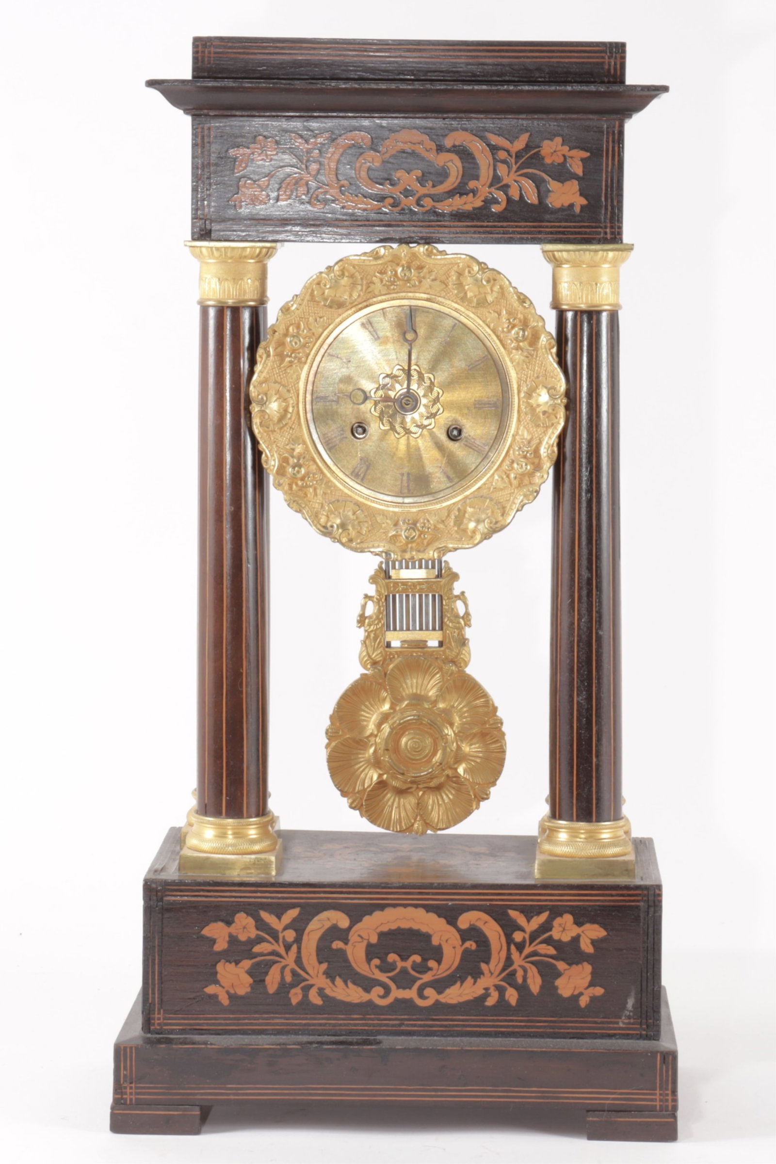Late Charles X Inlaid Rosewood Portico Clock: Late Charles X Inlaid Rosewood Portico Clock 19"H x 10"W x 5.5"D