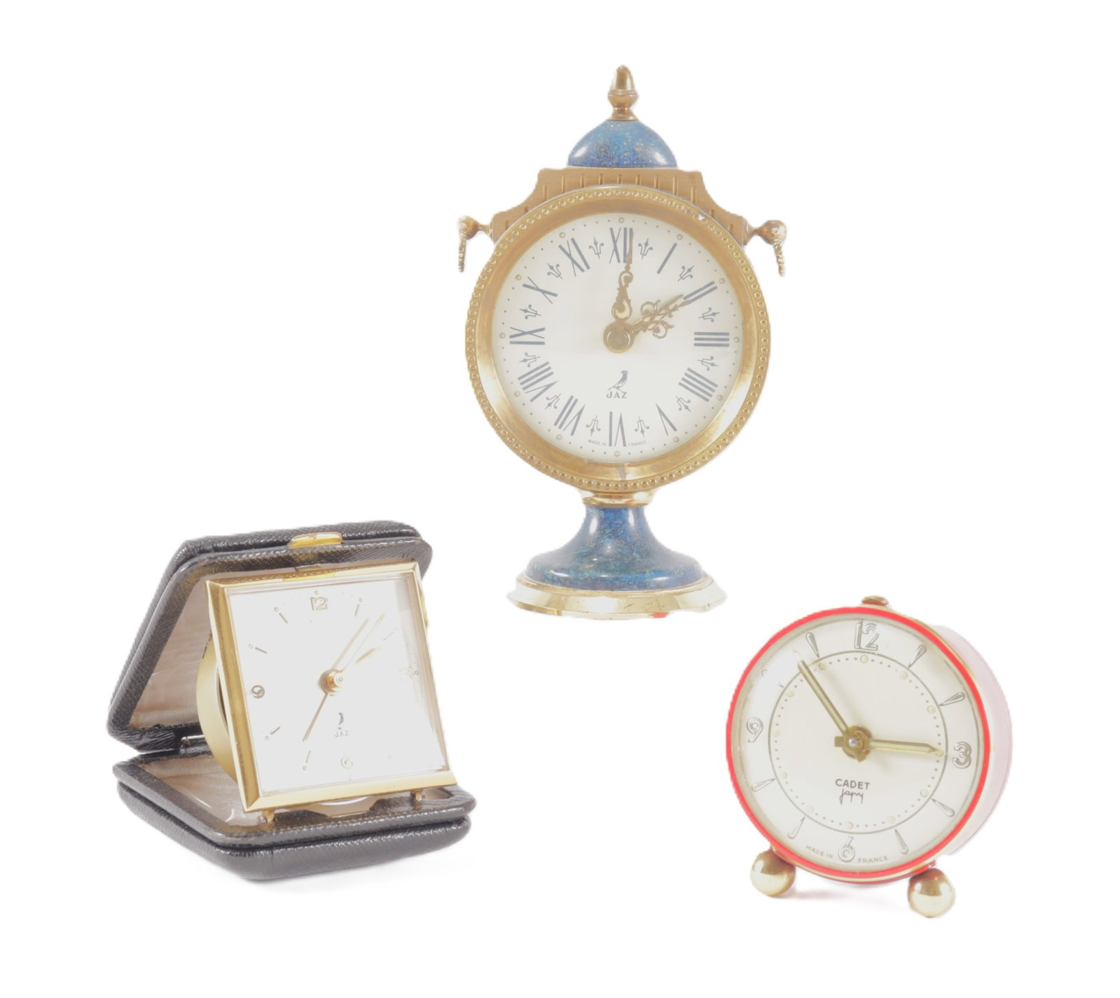Group of Travel Clocks: 3 Travel Clocks, Japy, Cadet and JAZ Largest 9.75" H