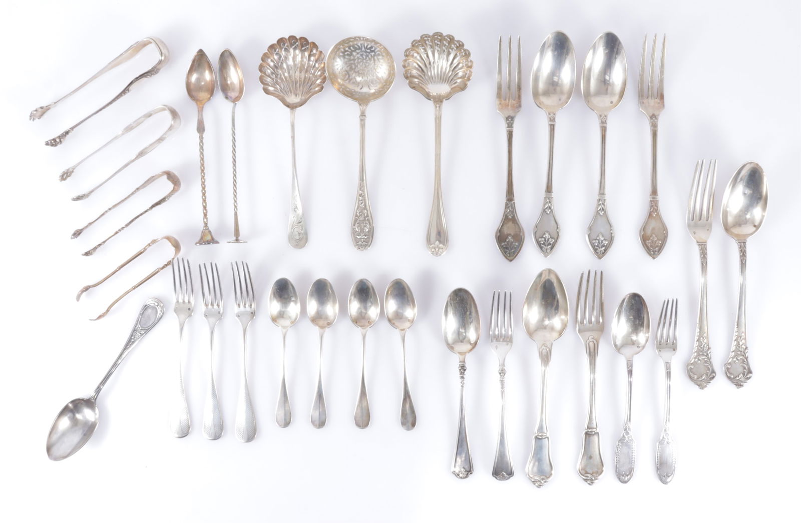 Group of French .950 Silver Flatware: Group of French .950 Silver Flatware. Various makers including Pierre Queille, Alphonse Debain, Henin & Cie, and others.49.67 ozt.All about 8.5" long.