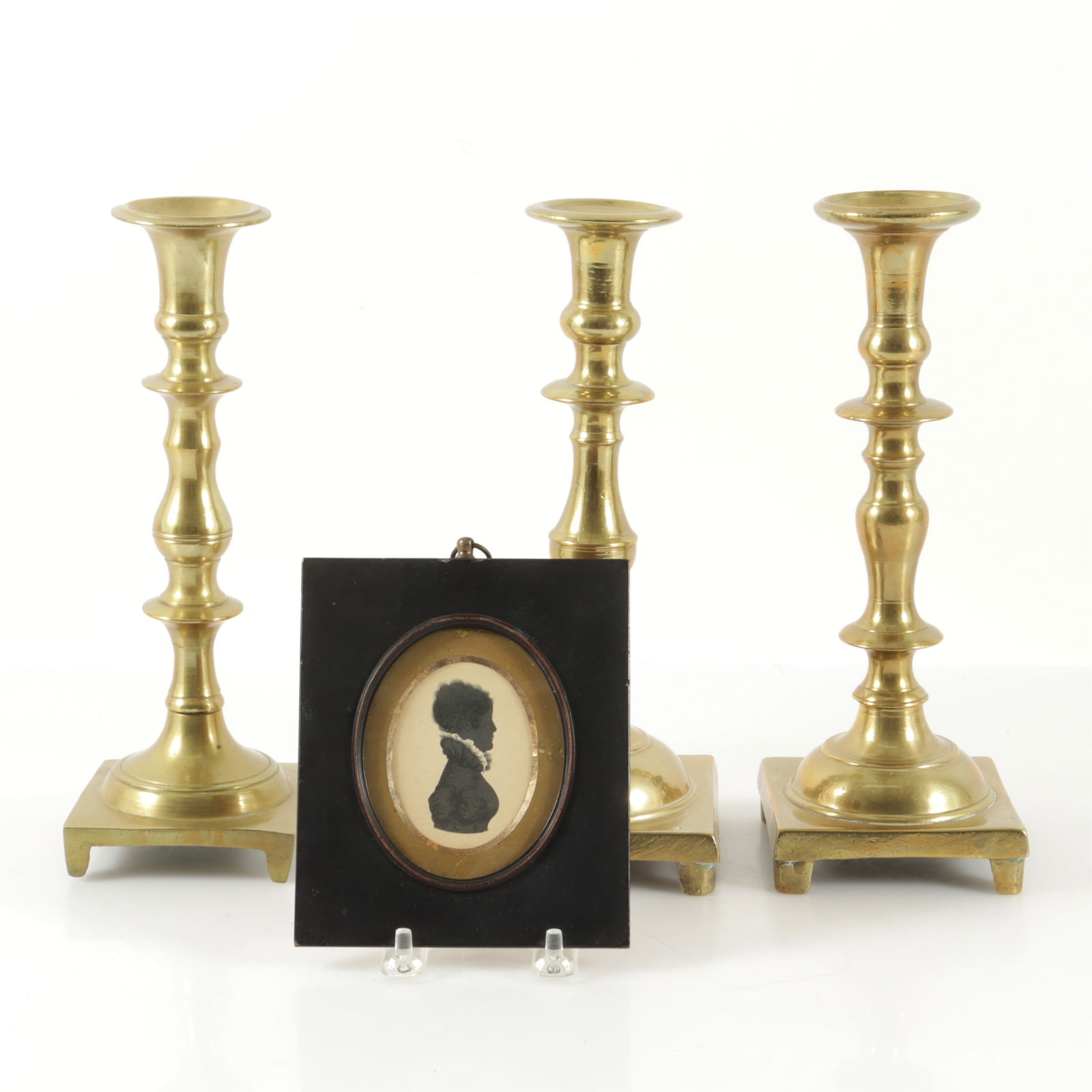 English Brass Candlesticks & Silhouette, 19th C. (1 of 4)