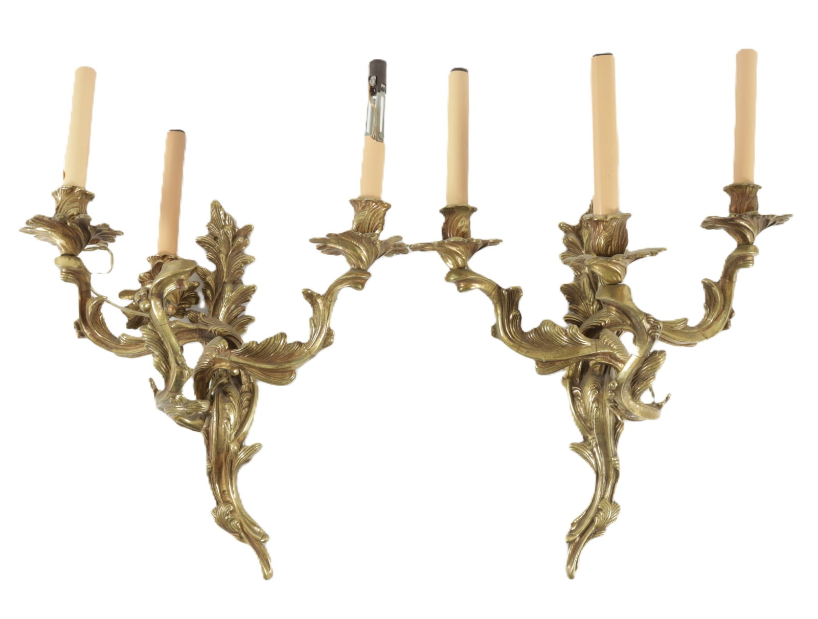 Pair Louis XV Style Brass Sconces: Pair Louis XV Style Brass Sconces 22.5" H x 15" W