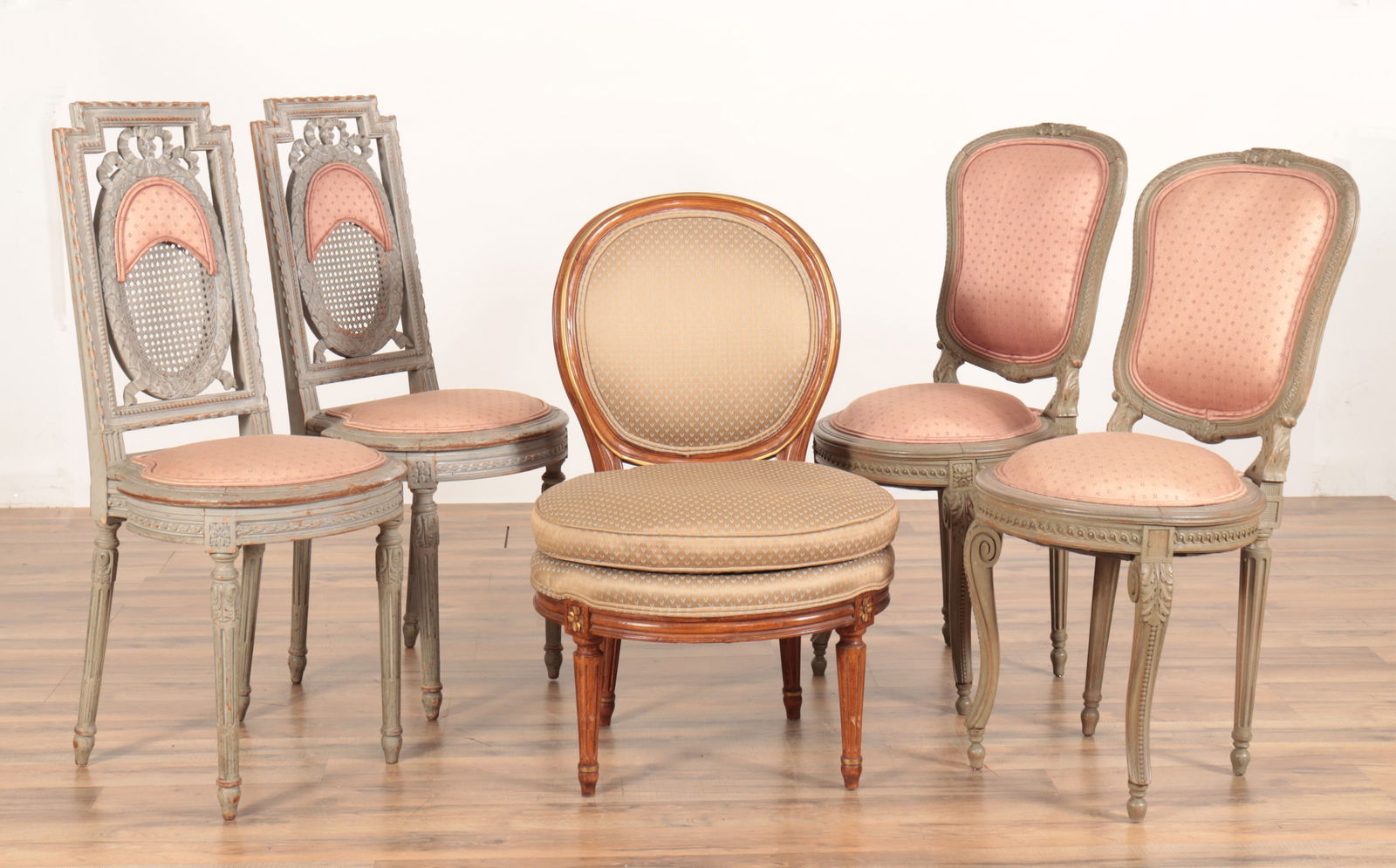 Louis XV Style Chaises & Slipper Chair: 2 Pair Louis XV Style Grey Painted Chaises & Slipper Chair, Late 19th/Early 20th C.36.5" H x 16" W x 19" D