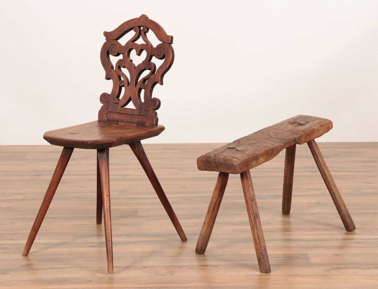 Swiss Walnut Chairback Stool & Bench: Swiss Walnut Chairback Stool & Bench Chair 23" H x 13" W x 19" D Property from the estate of soap-opera actress Elizabeth Hubbard (1933 - 2023), known for her roles on The Doctors and As the World Tur