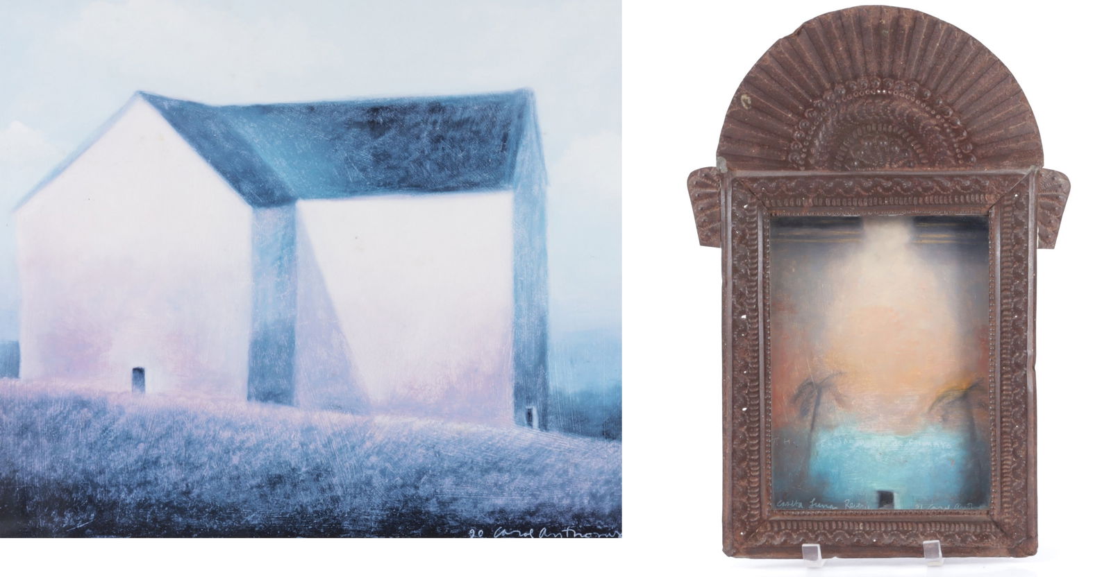 Carol Anthony - El Santuario Palm Reverie & Poster: Carol Anthony (American, b 1943) El Santuario Palm Reverie, Retablo, Mexico, 1991, labeled verso. Together with Selected Mythologies, Poster, signed, dated '90. Framed 25.25" Square, Framed 17.25" H x