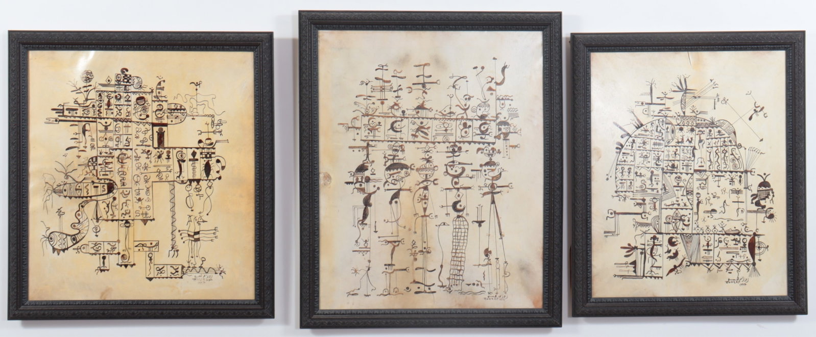 Mohamed Zonzat - Primitive Abstracts: Mohamed Zonzat - 3 Primitive Abstracts, Oil on Parchment Largest Framed 28.75" H x 28.5" W Property from a Litchfield County collection
