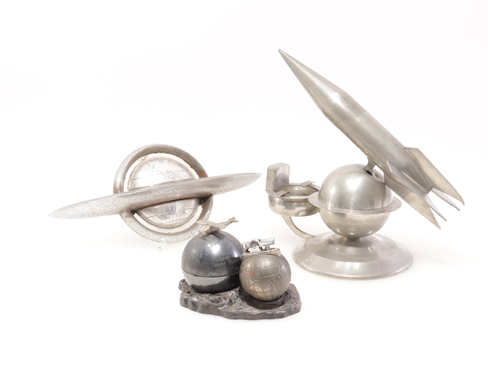 Space Aged - Globe Related Items: 4 Space Aged Metal Globe Related Items Largest 11.75" L
