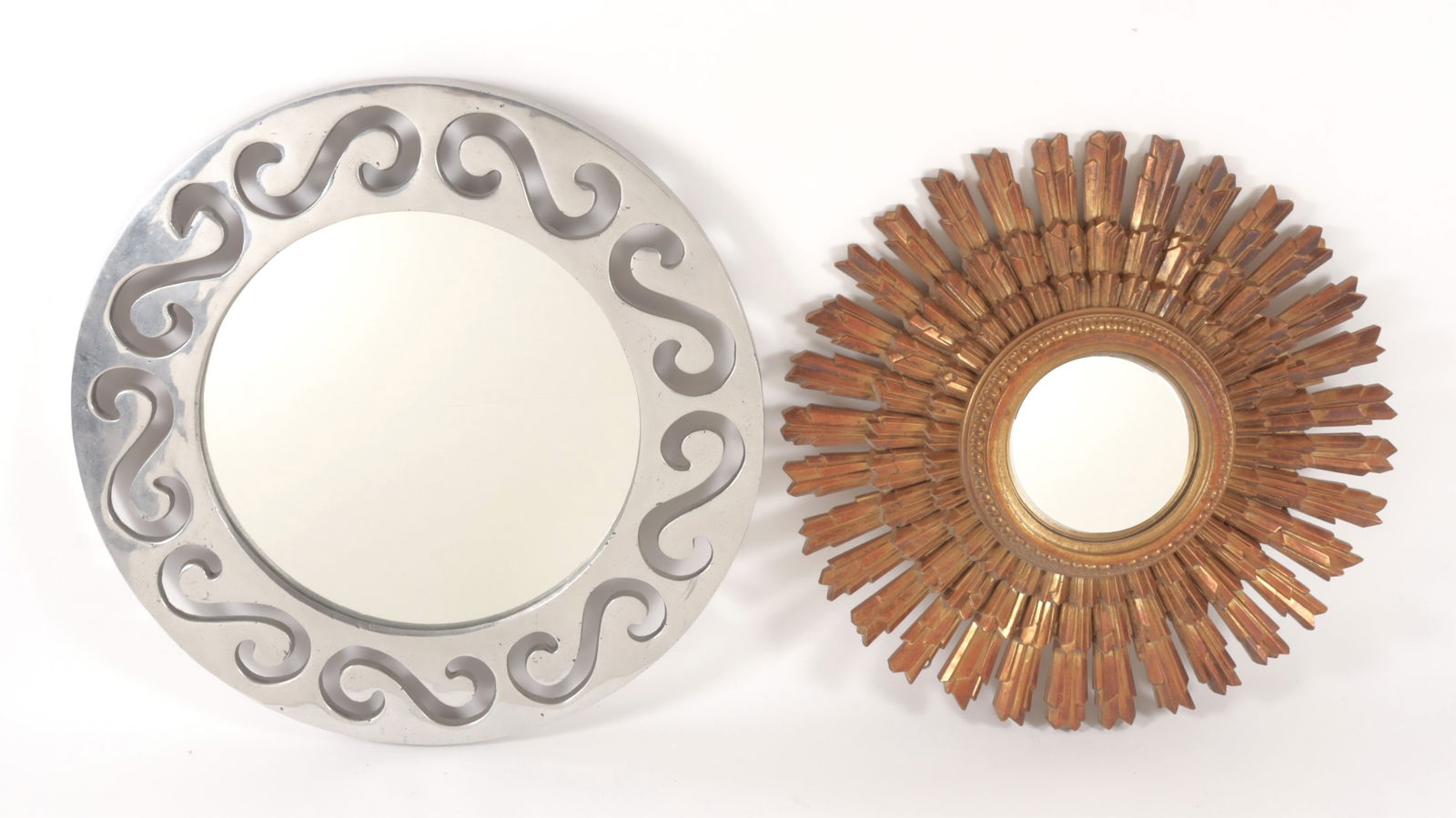 Syroco Wood Sunburst Mirror & Aluminum Mirror: Syroco Wood Sunburst Mirror & Aluminum MirrorLargest 17.25" Dia.Property from the estate of soap-opera actress Elizabeth Hubbard (1933 - 2023), known for her roles on The Doctors and As the World Turn