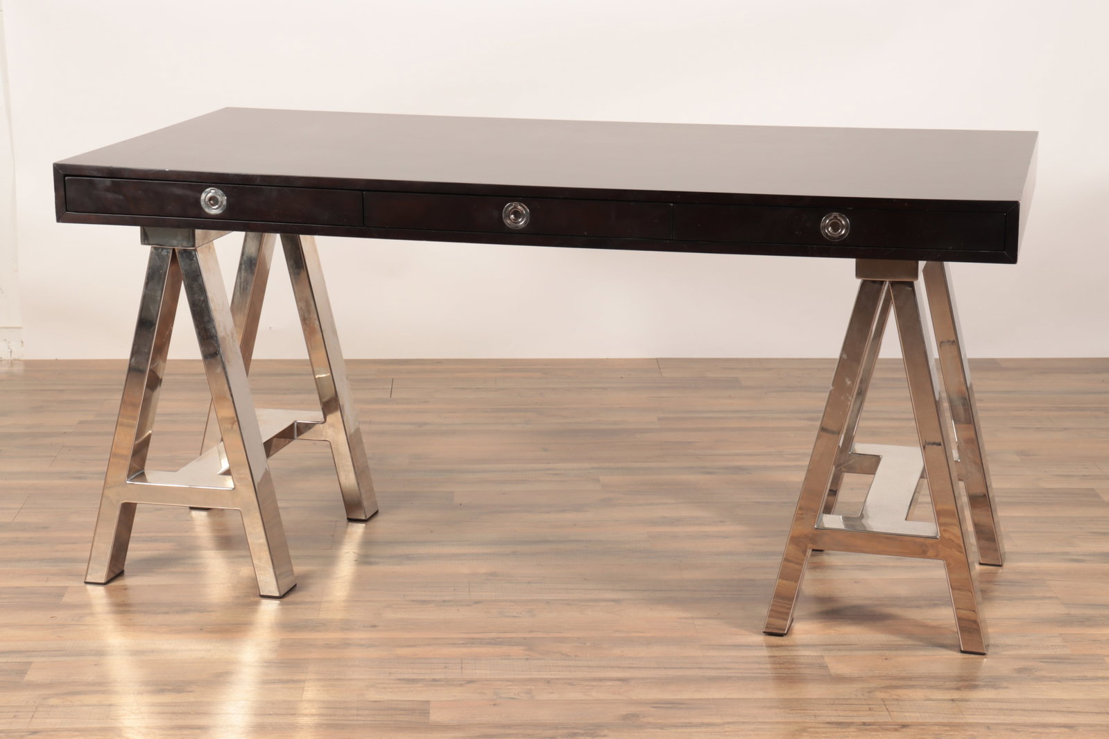 Williams Sonoma Black Lacquer Metal Desk: Williams Sonoma Black Lacquer Polished Metal Desk 30.5" H x 62" W x 31.75" D Property from a Litchfield County collection