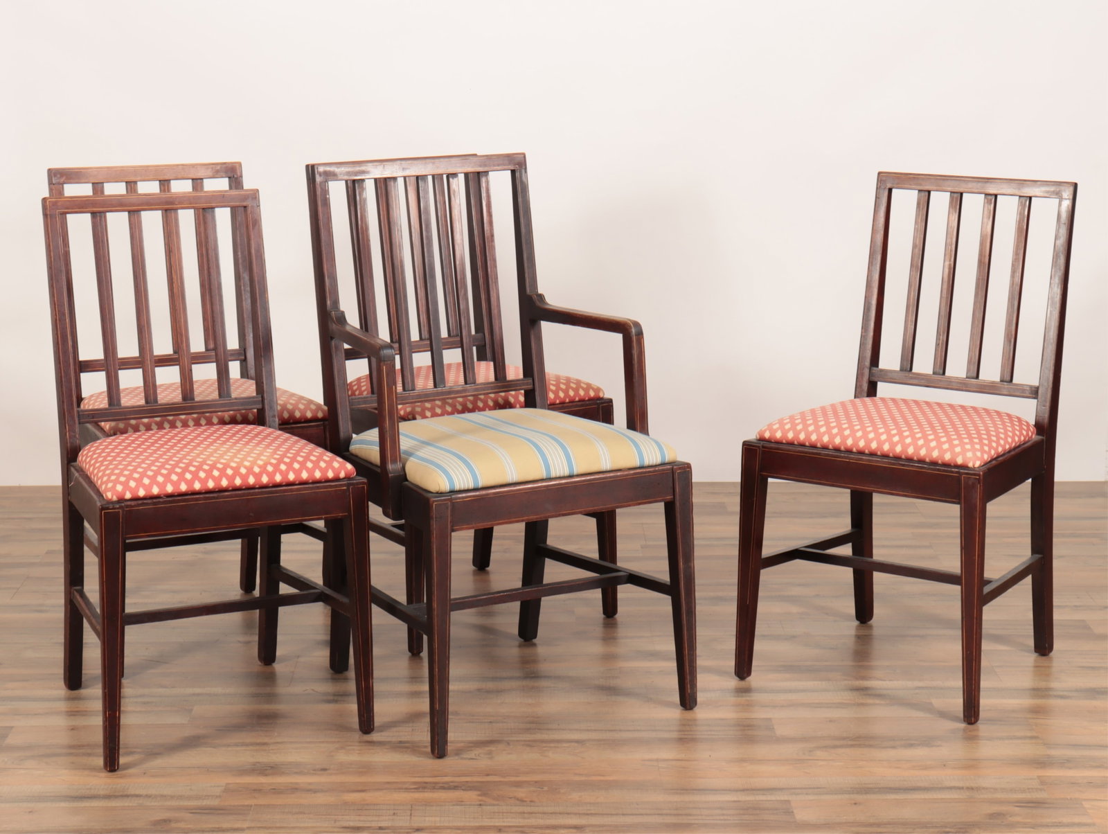 Edwardian Inlaid Mahogany Dining Chairs: Set of 5 Edwardian Inlaid Mahogany Dining Chairs, including one armchair Side Chairs 35.5" H x 17.75" W x 18.75" D Property from the estate of soap-opera actress Elizabeth Hubbard (1933 - 2023), known