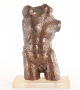 Victor Salmones - Male Torso - Bronze: Victor Salmones, Mexican,1937-1989, Male Torso, bronze, signed and numbered 9/10, on top frosted acrylic stand 10 1/2 x 5 1/2 x 3 1/2, stand 3/4 x 7 1/2 x 4 3/4, overall 11 1/4 x 7 1/2 x 4 3/4