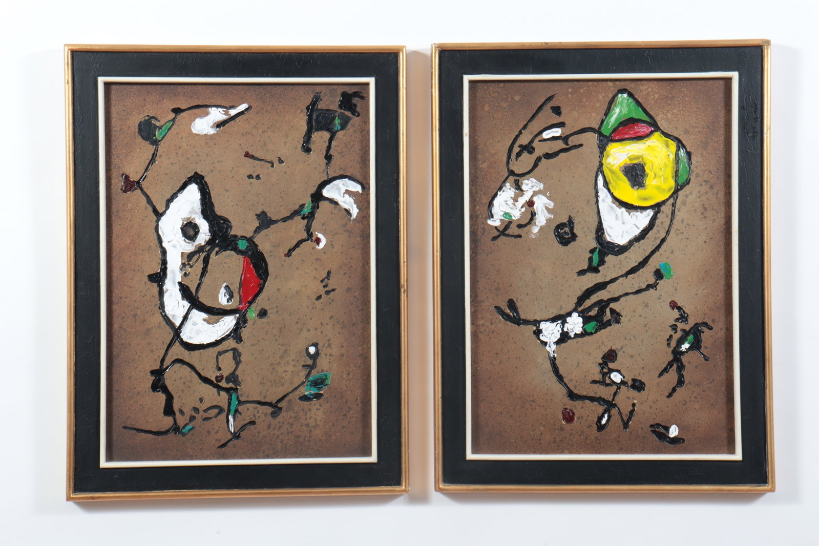 Lam Lee Group - Pair Abstract Panels: Pair Lam Lee Group Abstract Panels, Oil on Etched Brass, partial label verso Sight 20" H x 14" W, Framed 24" H x 18" W