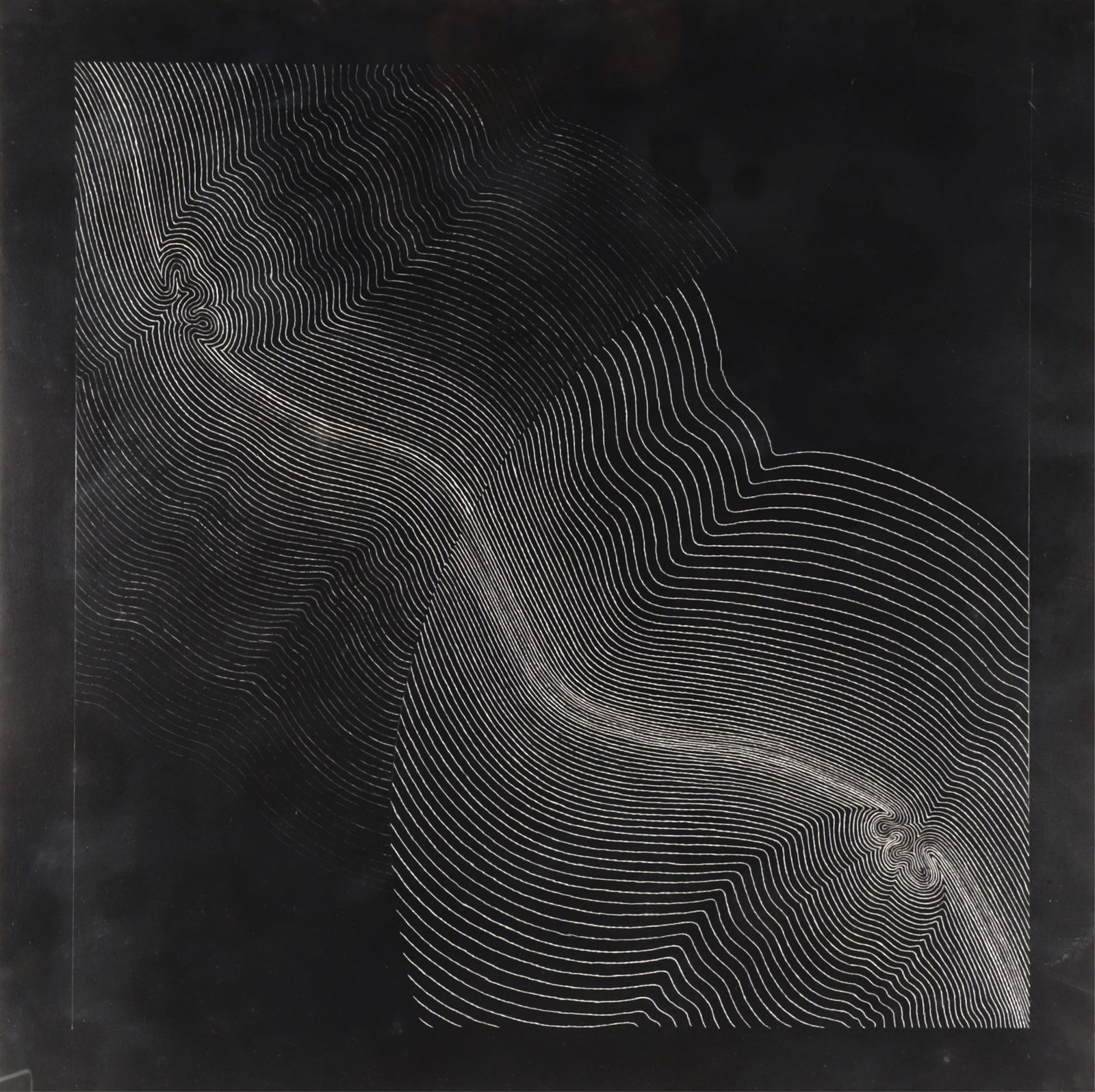 Sewell Sillman - Eclipse IX - Scraper board: Sewell Sillman, American, 1924-1992, Eclipse IX, dated 67 scraper board, verso label affixed to foam board 18 3/4 x 19 5/8, framed 32 3/4 x 28 1/2