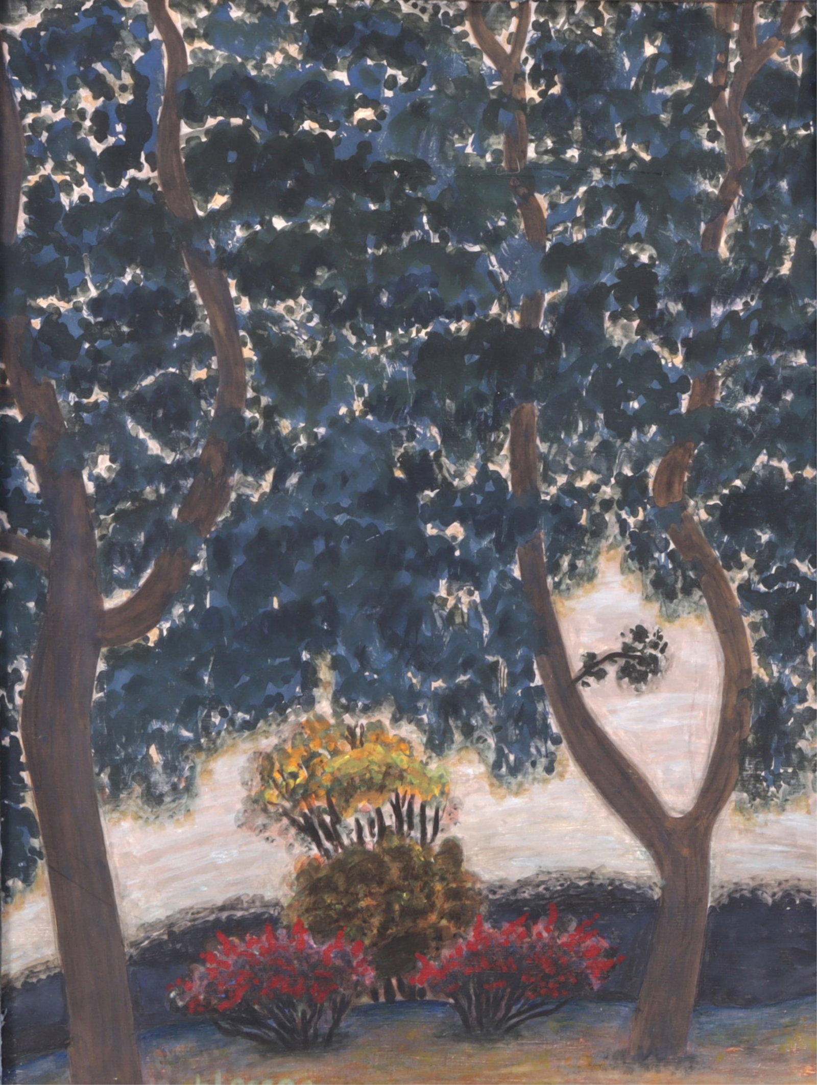 Nick Blosser - Under Leafy Trees - Paint on wood: Nick Blosser, American, b.1958, Under Leafy Trees, egg tempura on birch plywood, signer lower left, verso signed, dated , titled. Provenance: Adam Baumgold Gallery 13" x 9 3/4", framed 19 1/8" x 16",